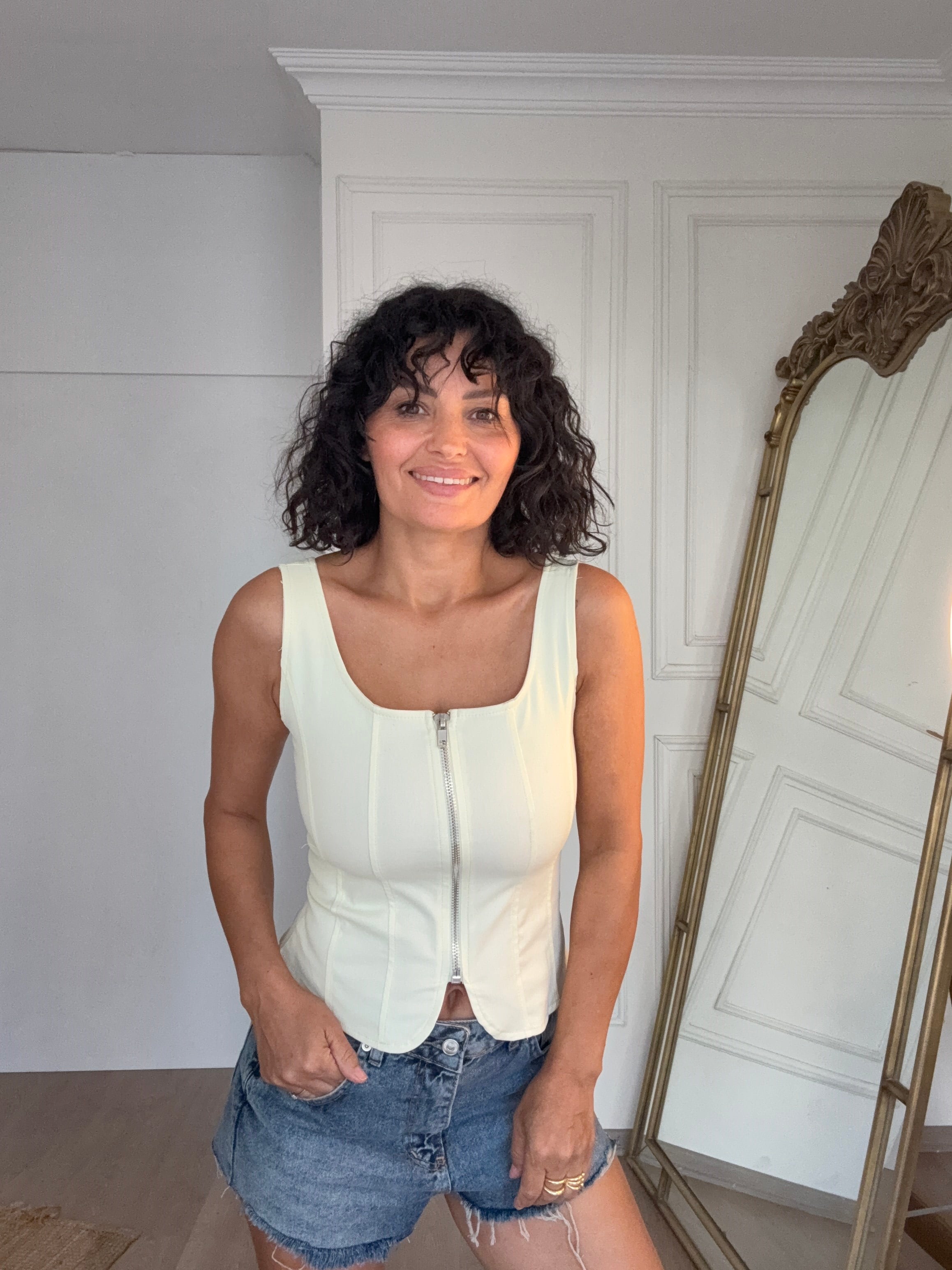 Fermuar Detaylı Likralı Bluz Sarı 