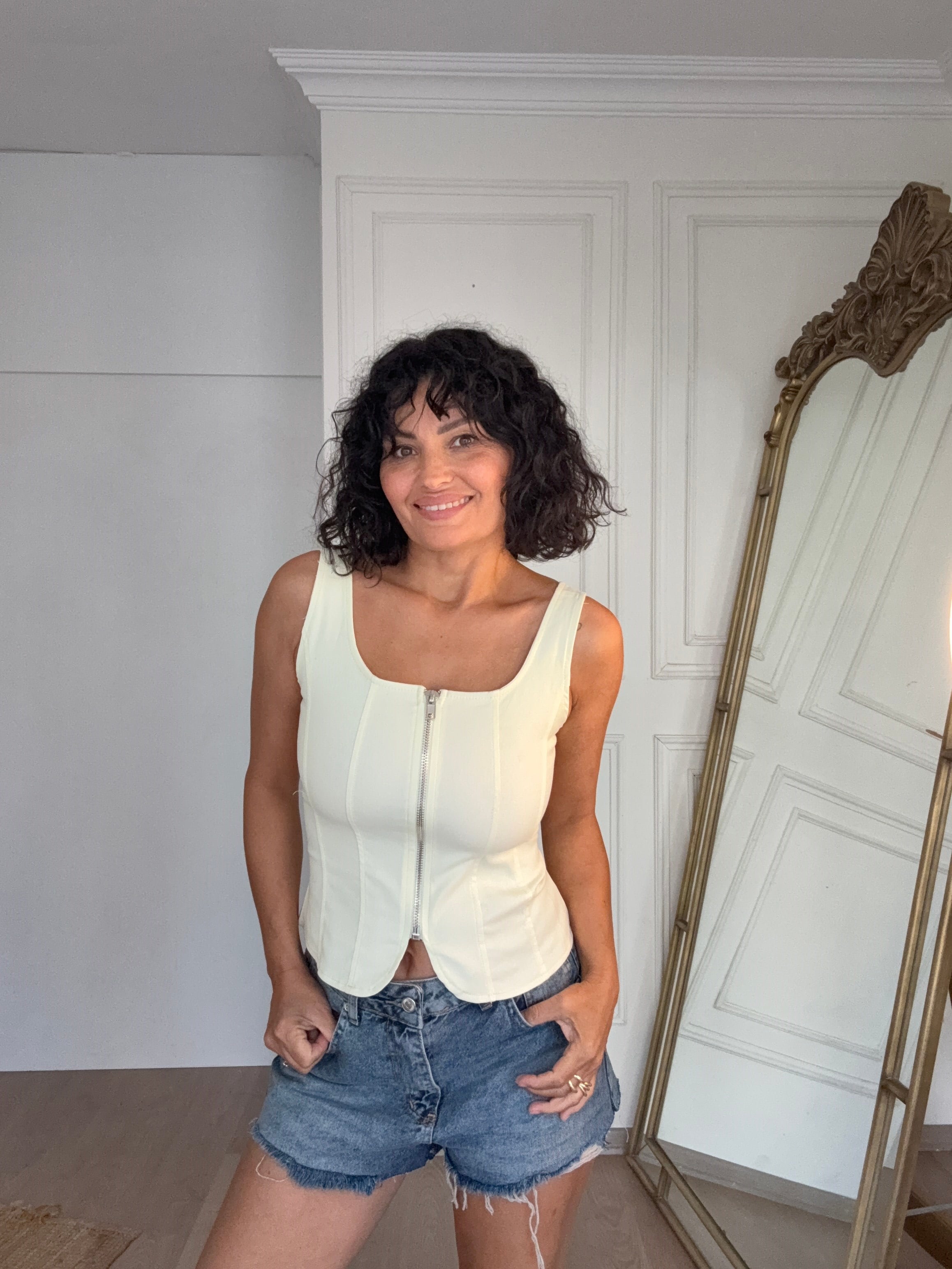 Fermuar Detaylı Likralı Bluz Sarı 