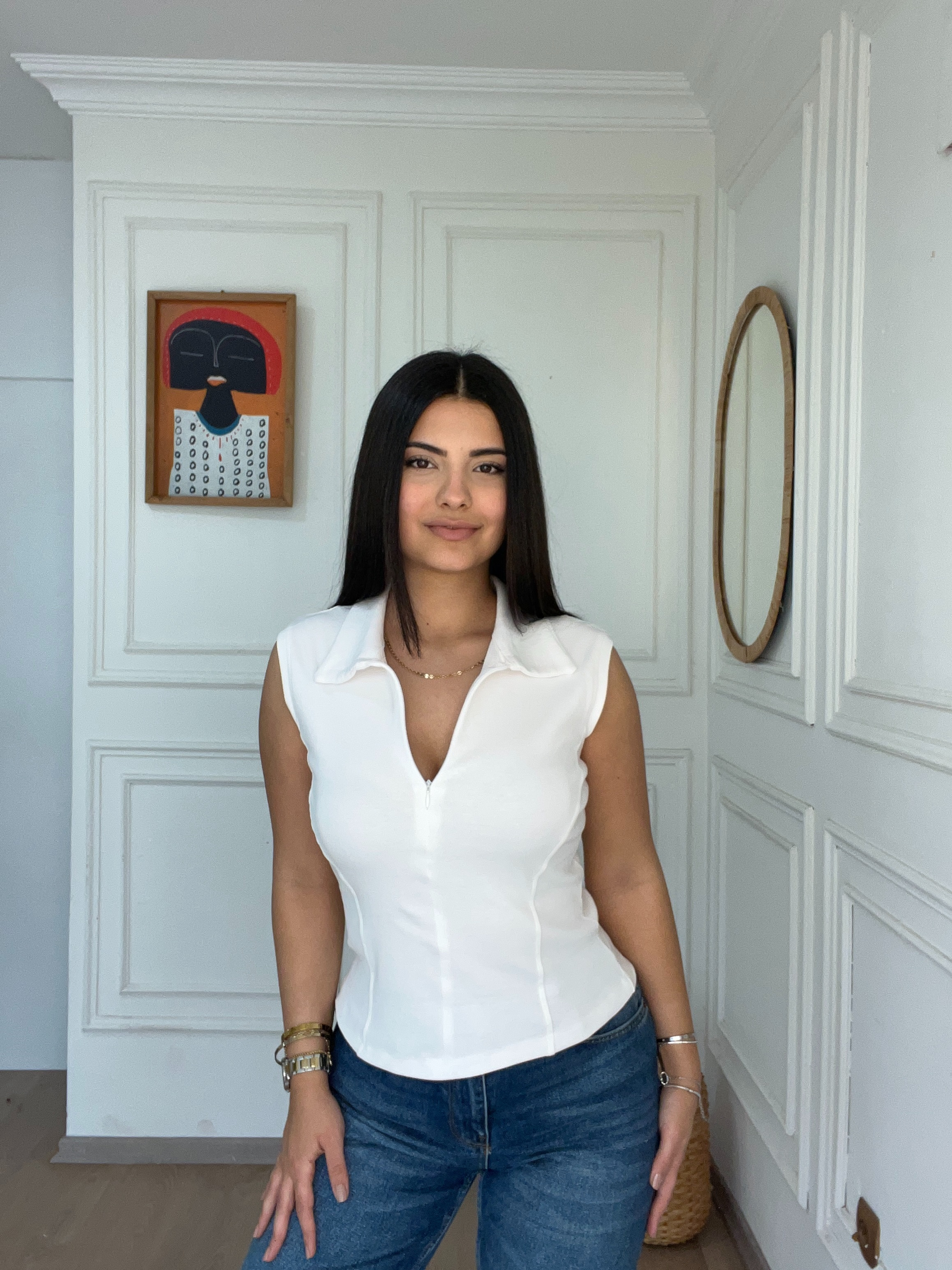Fermuarlı Kolsuz Body Beyaz