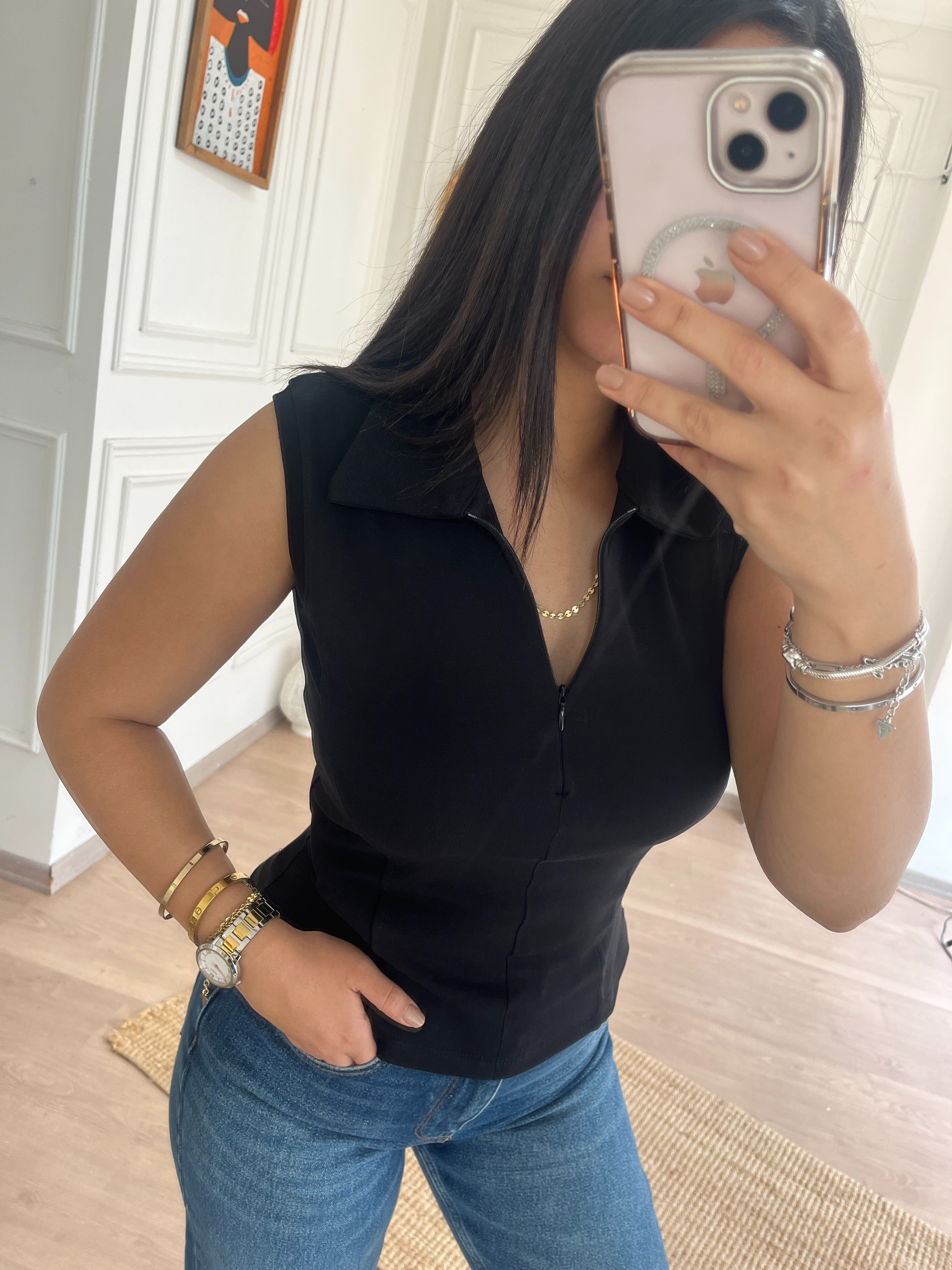 Fermuarlı Kolsuz Body Siyah