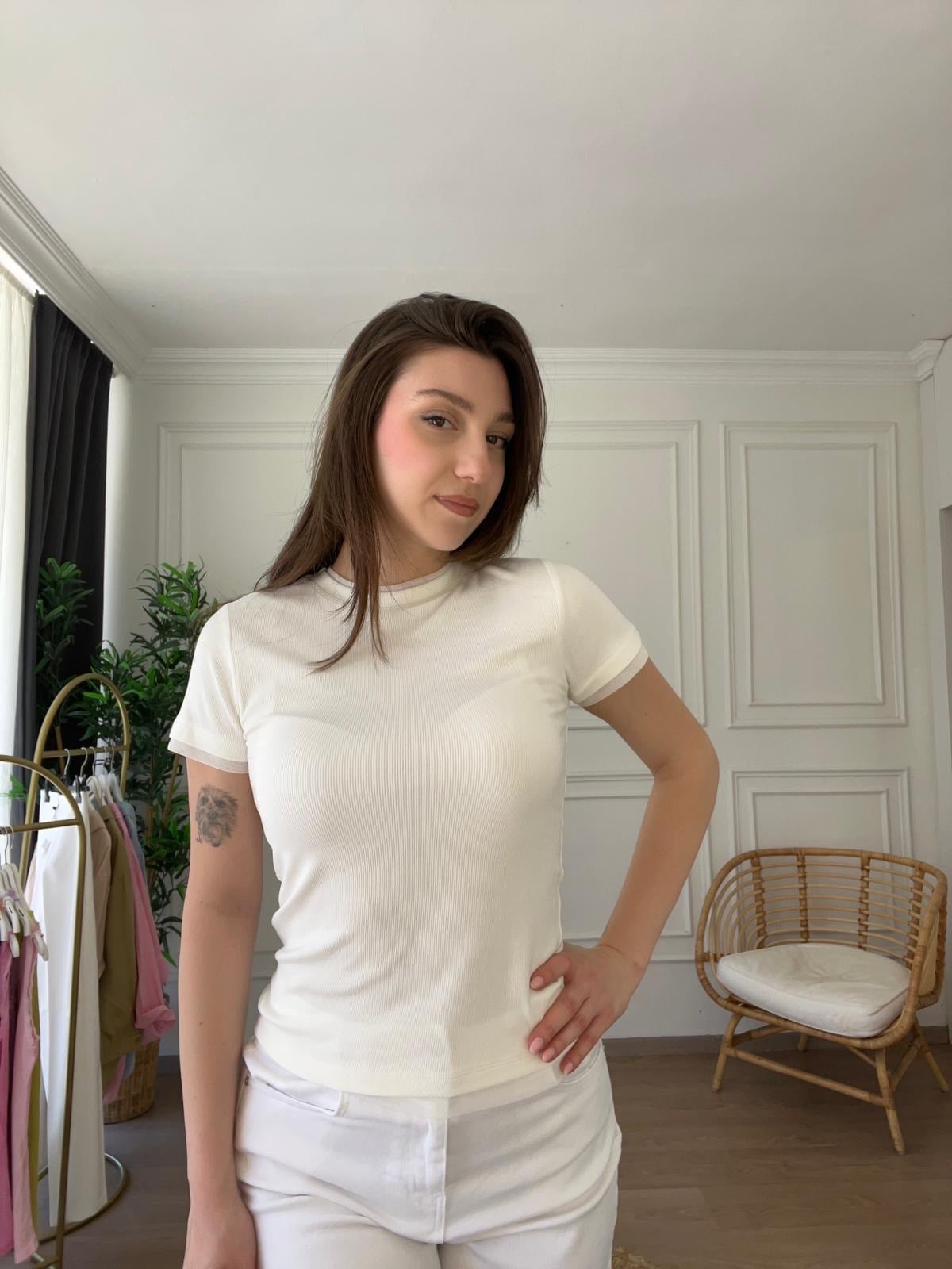 Fitilli Tül Detaylı T-Shirt  Ekru