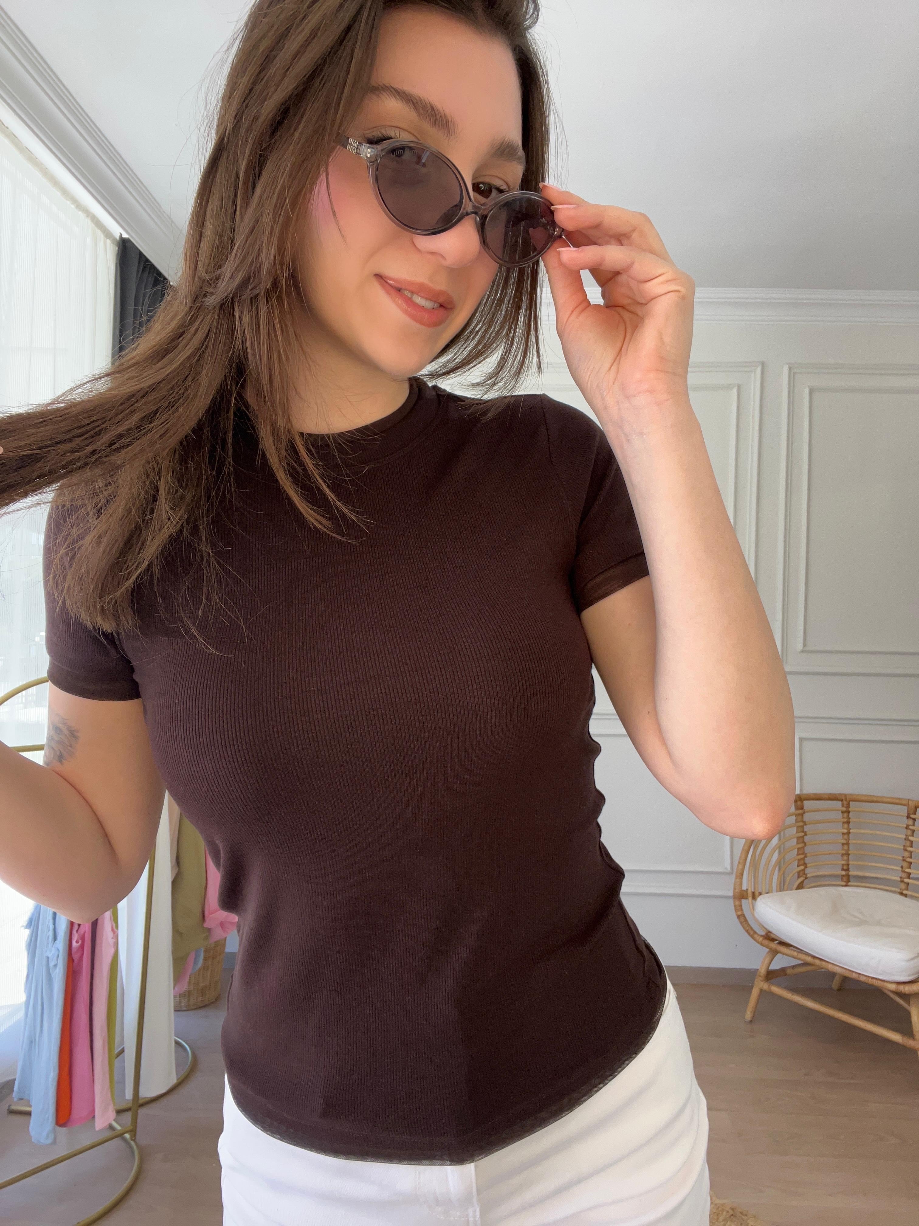 Fitilli Tül Detaylı T-Shirt Kahverengi