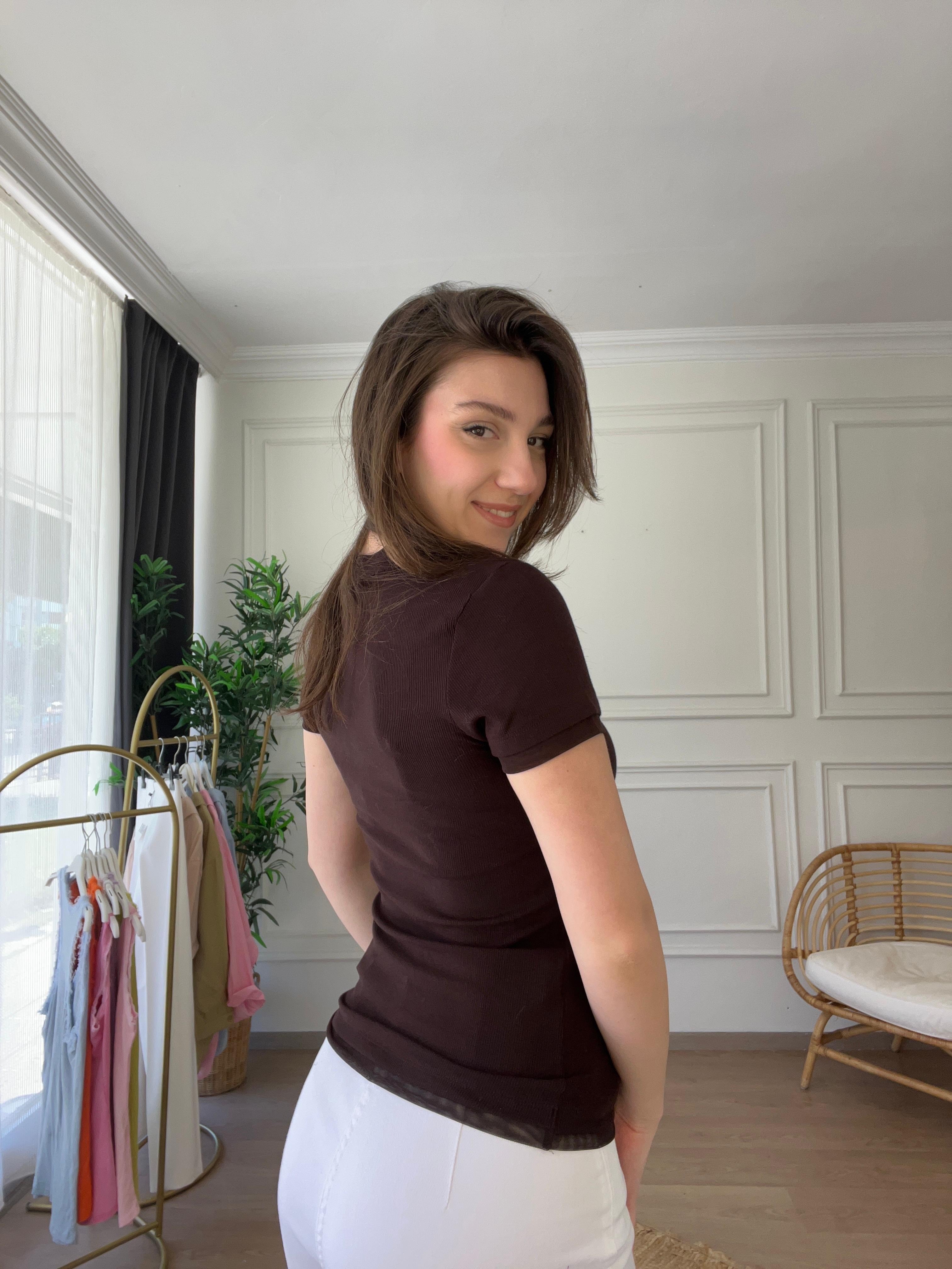 Fitilli Tül Detaylı T-Shirt Kahverengi