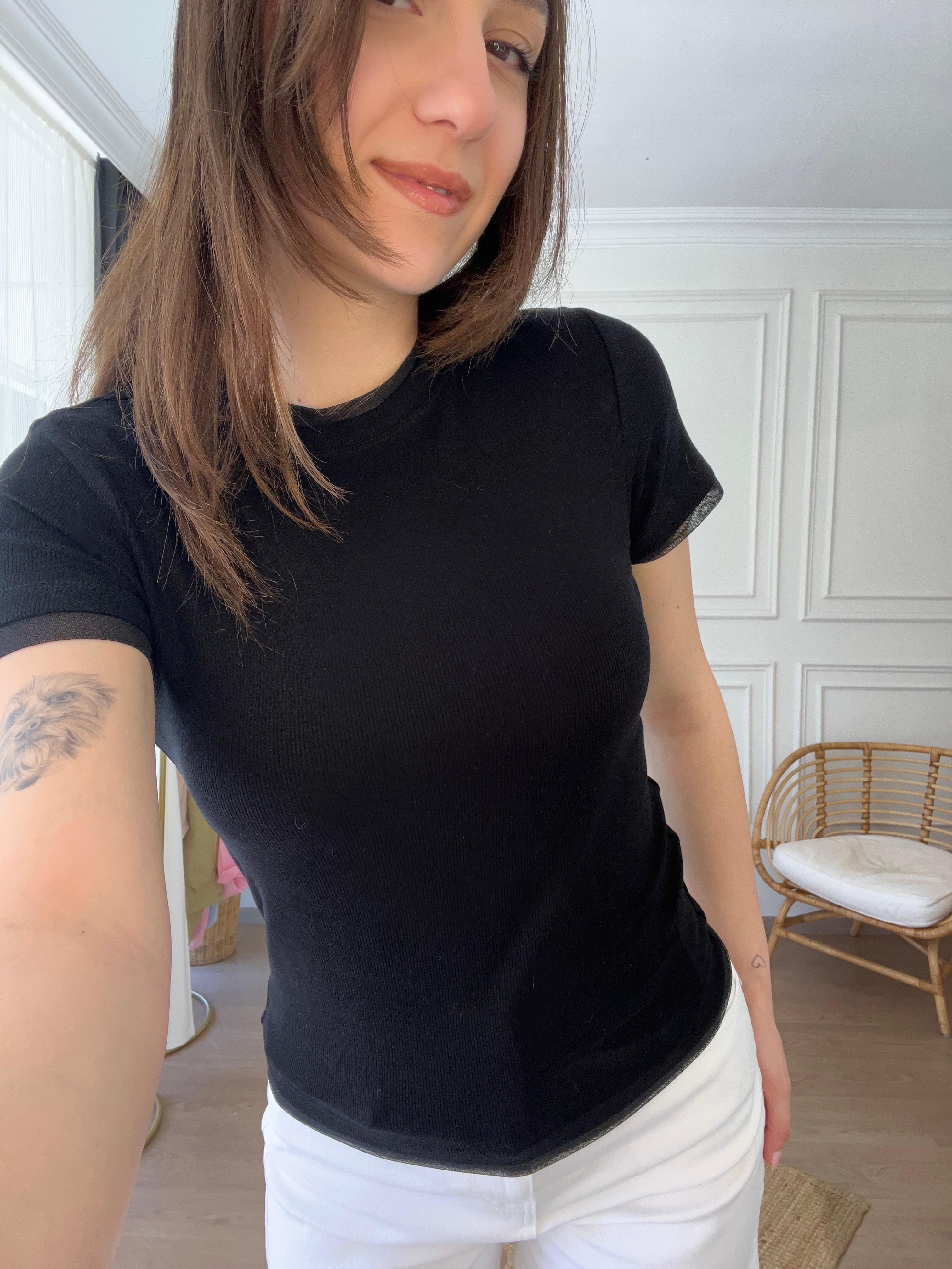Fitilli Tül Detaylı T-Shirt  Siyah