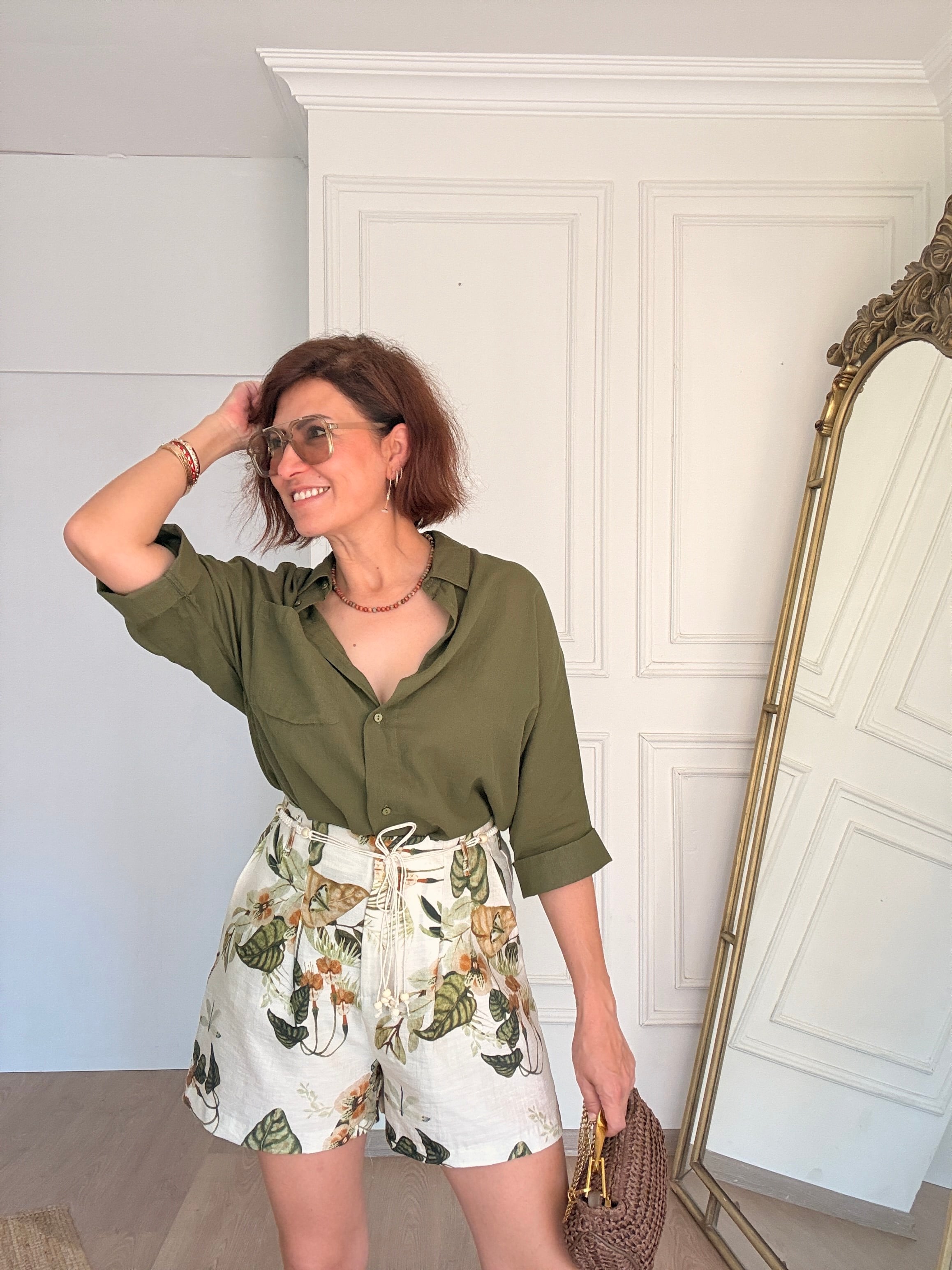 Floral Yeşil Desenli Şort 