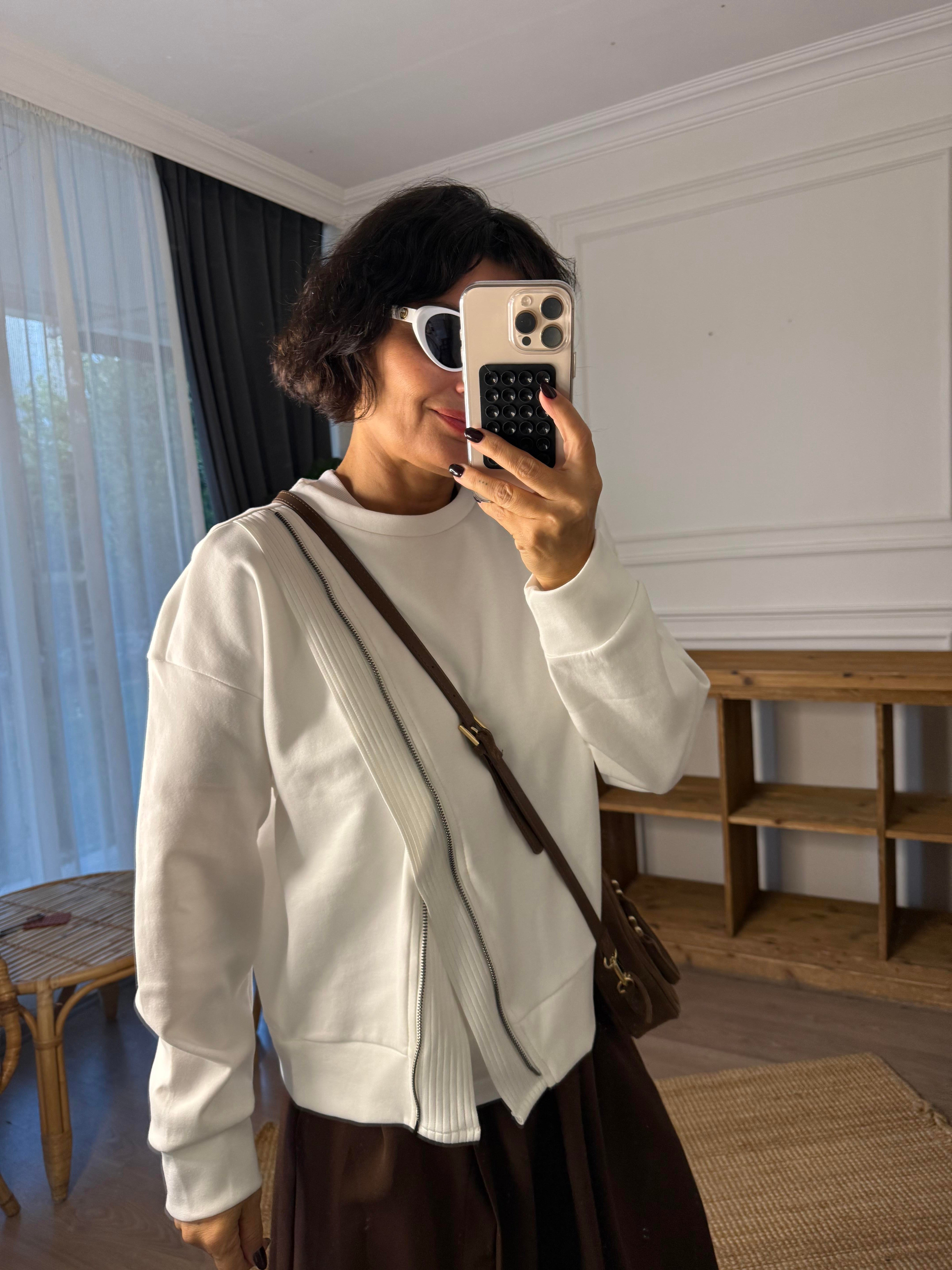 İpkyol Fermuar Detaylı Sweatshirt Ekru