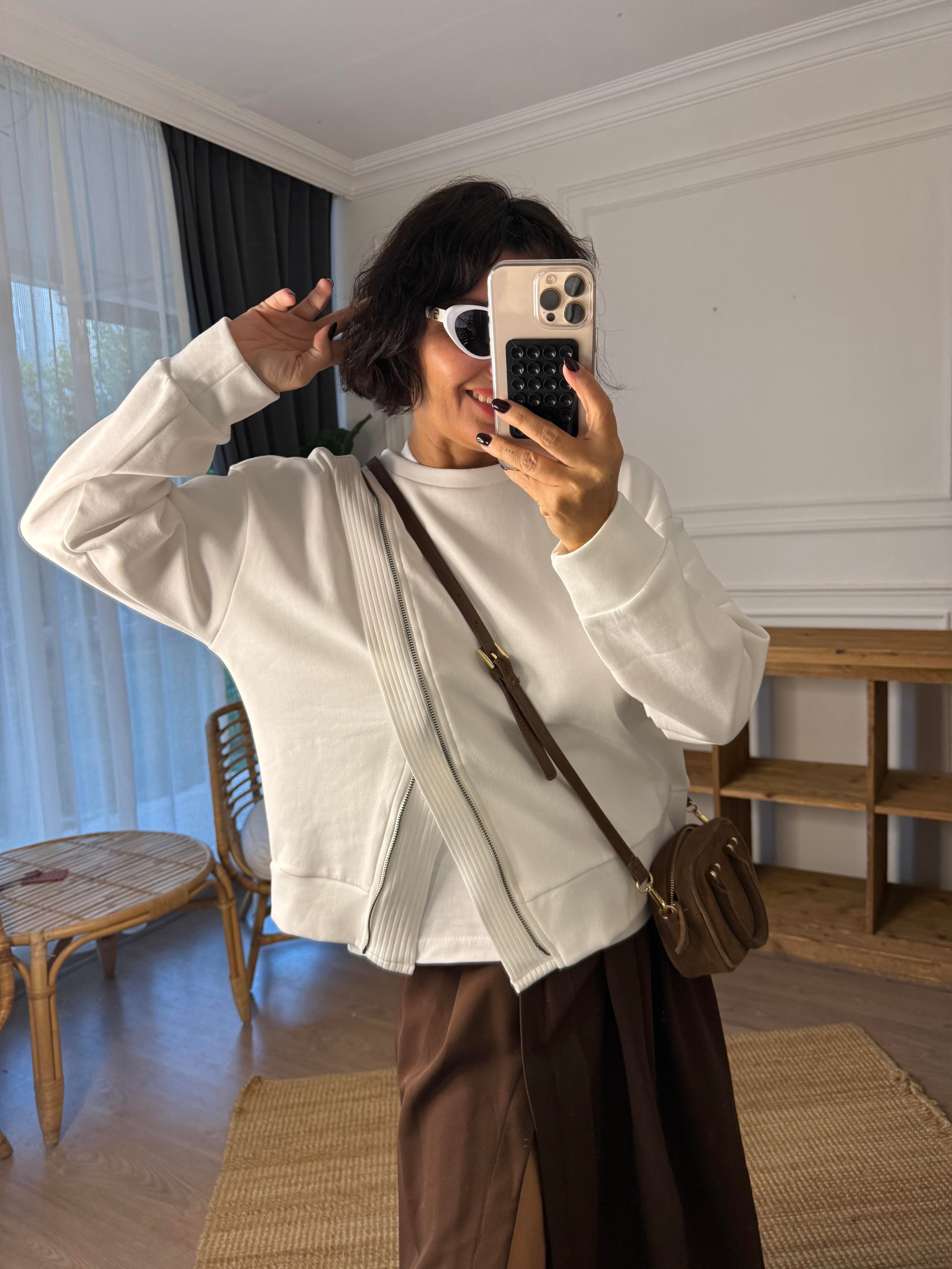 İpkyol Fermuar Detaylı Sweatshirt Ekru