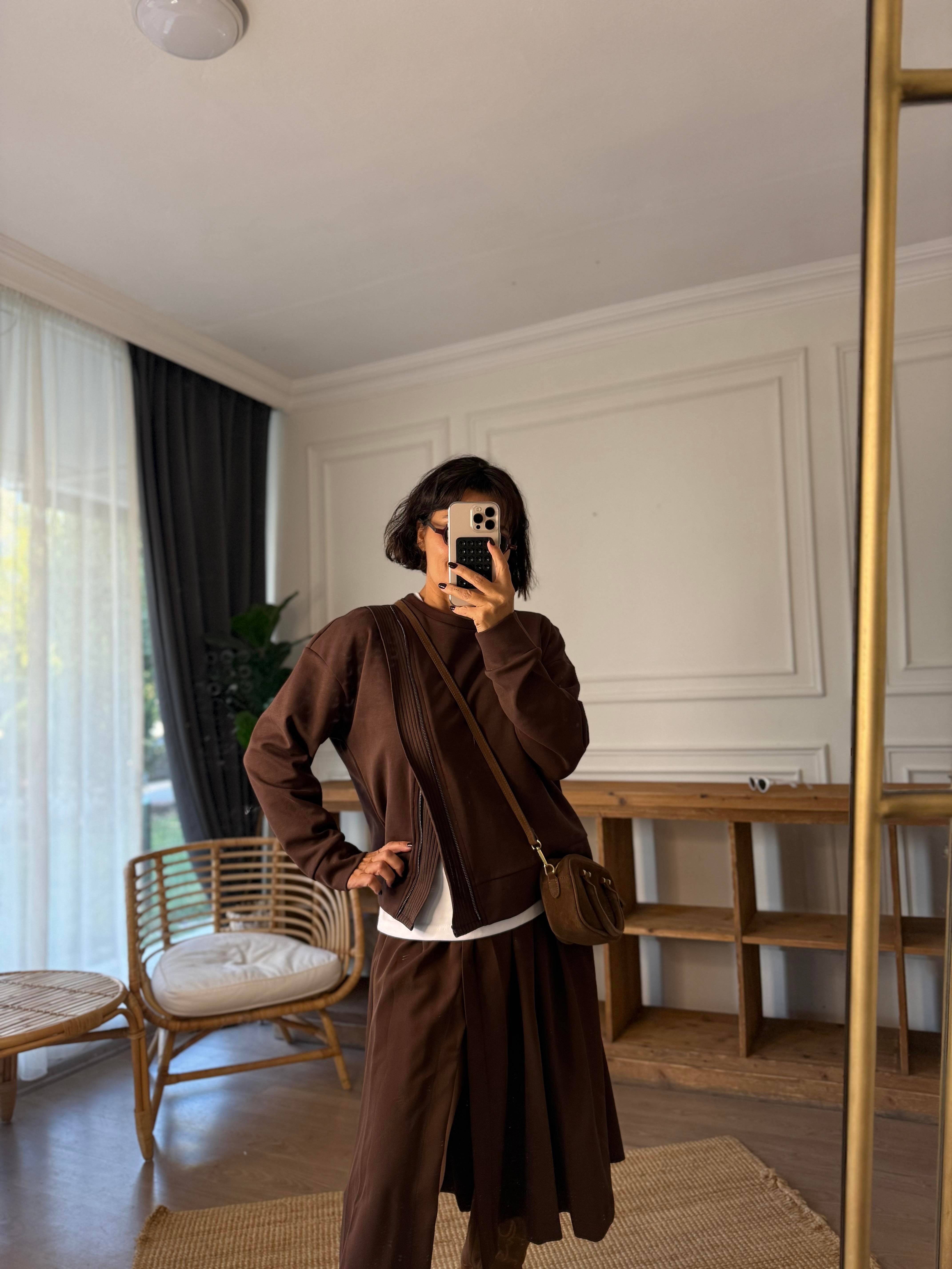 İpkyol Fermuar Detaylı Sweatshirt Kahverengi