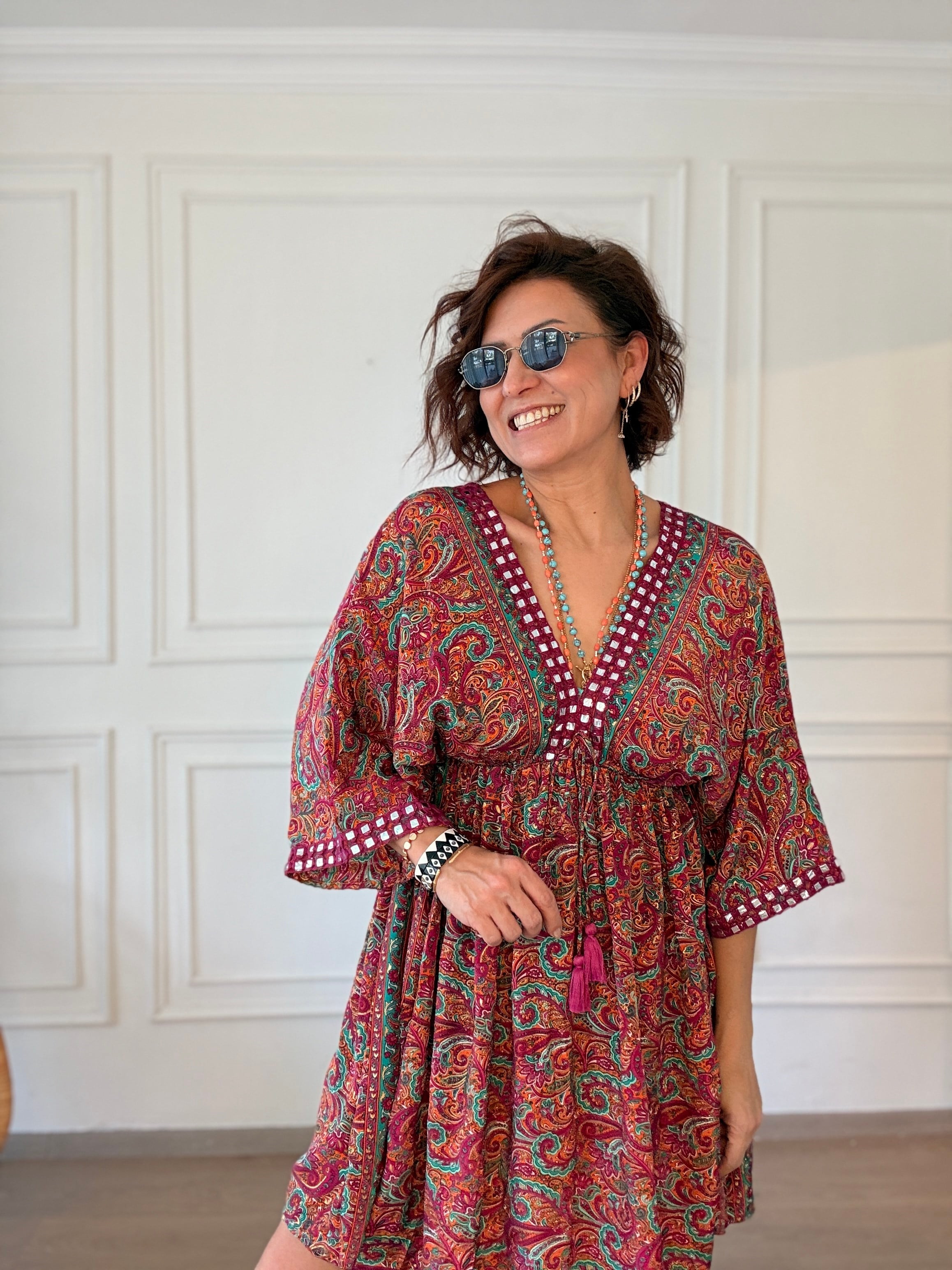 İthal Şal Desenli Mini Elbise