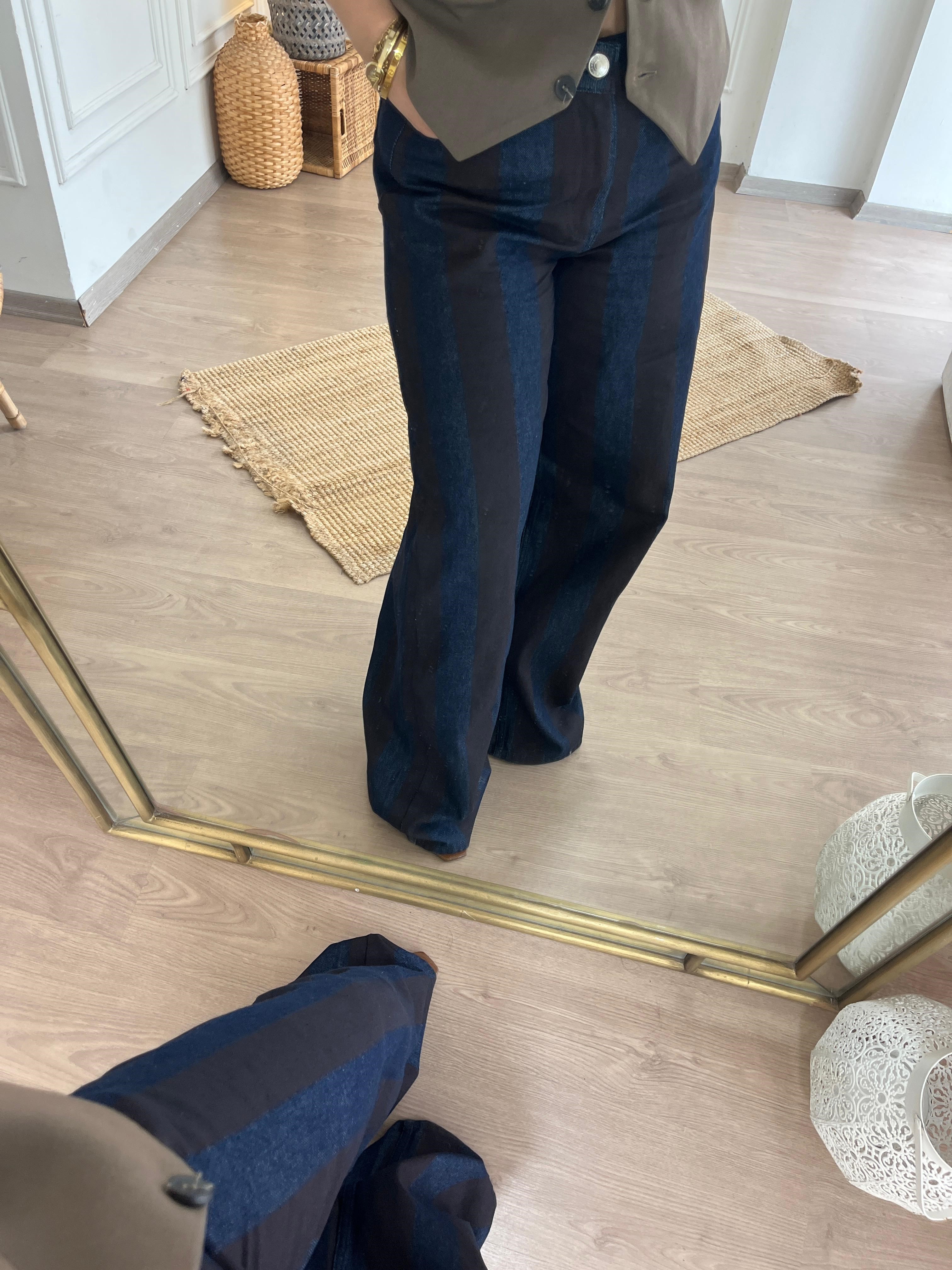 Kahverengi Çizgili Jean Pantolon