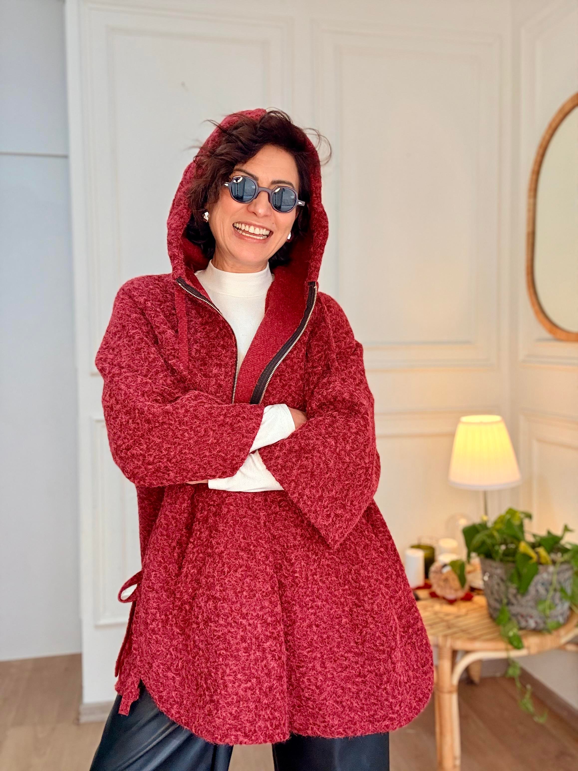 Kapüşonlu Yanları Bağlamalı Keçe Kaban Bordo