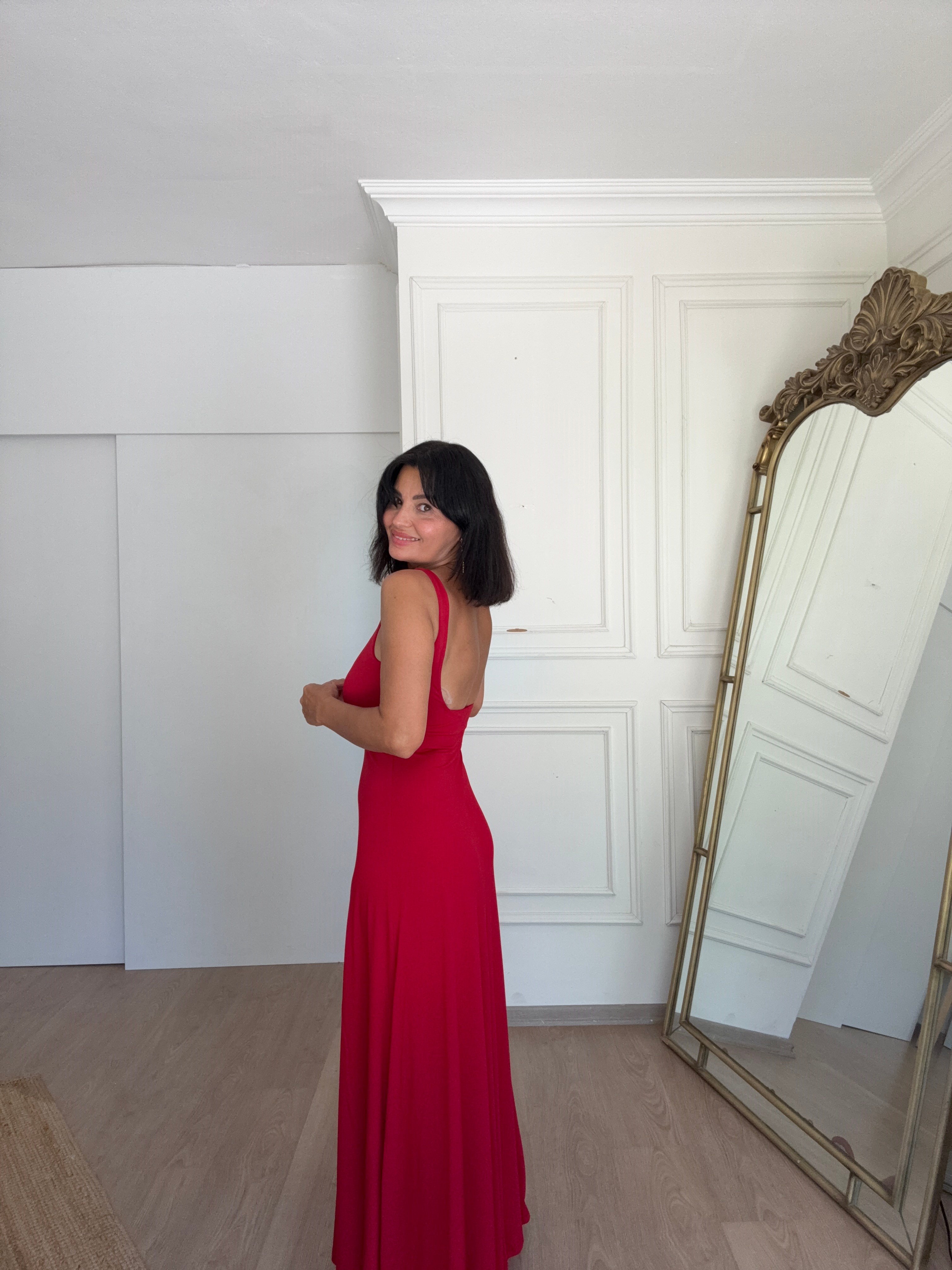 Kare Yaka Sendy Elbise Kırmızı