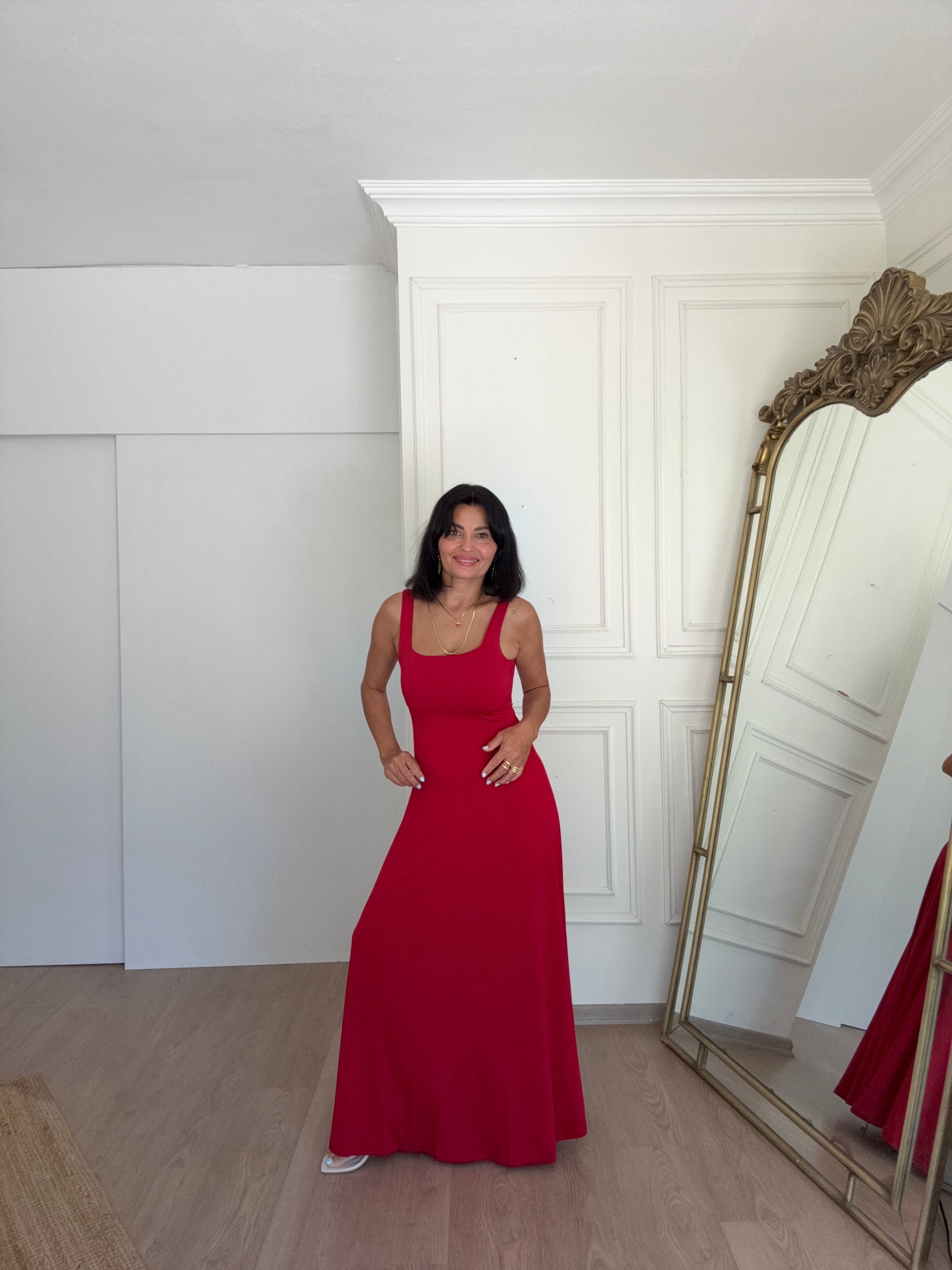Kare Yaka Sendy Elbise Kırmızı