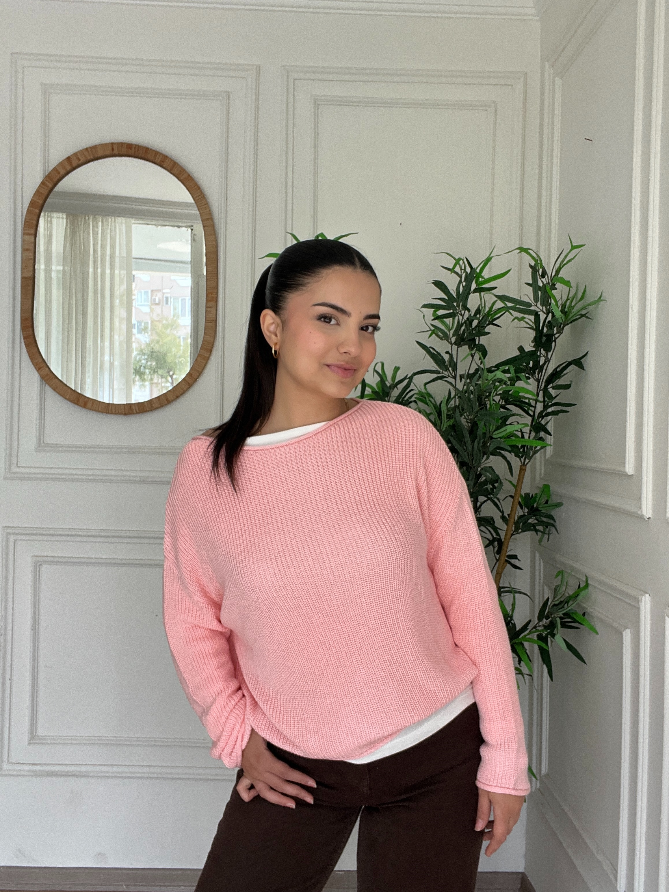 Kayık Yaka Merzerize Kazak Pembe