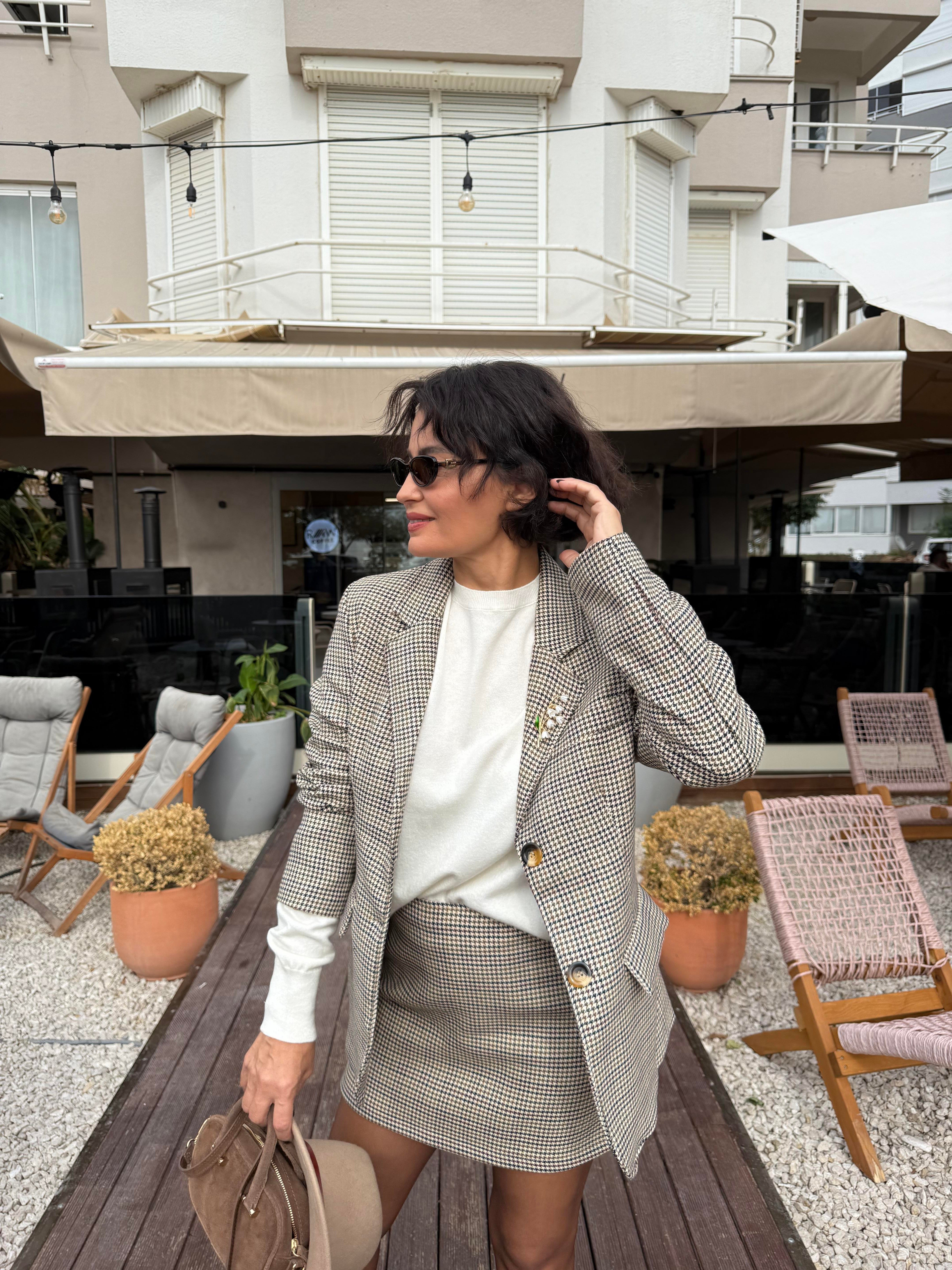 Kazayağı Desenli Blazer Ceket Kahverengi
