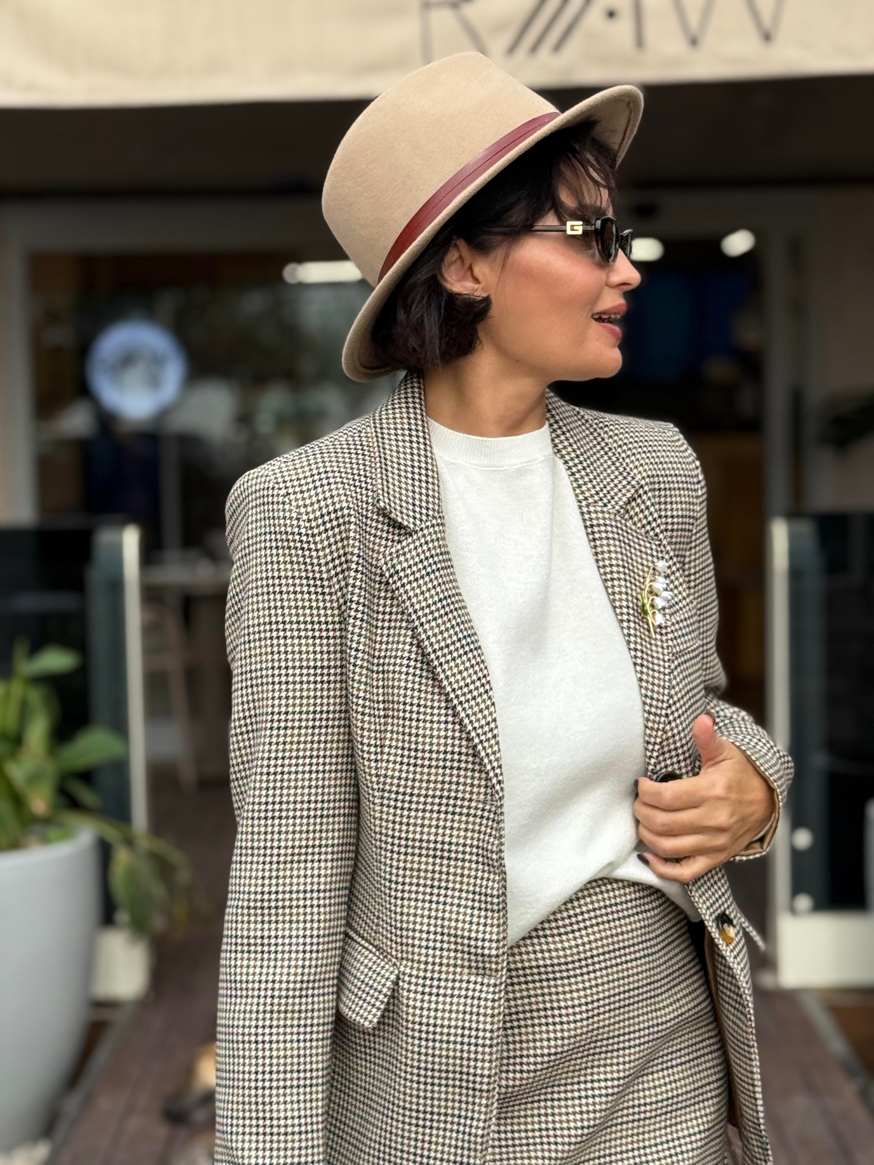 Kazayağı Desenli Blazer Ceket Kahverengi