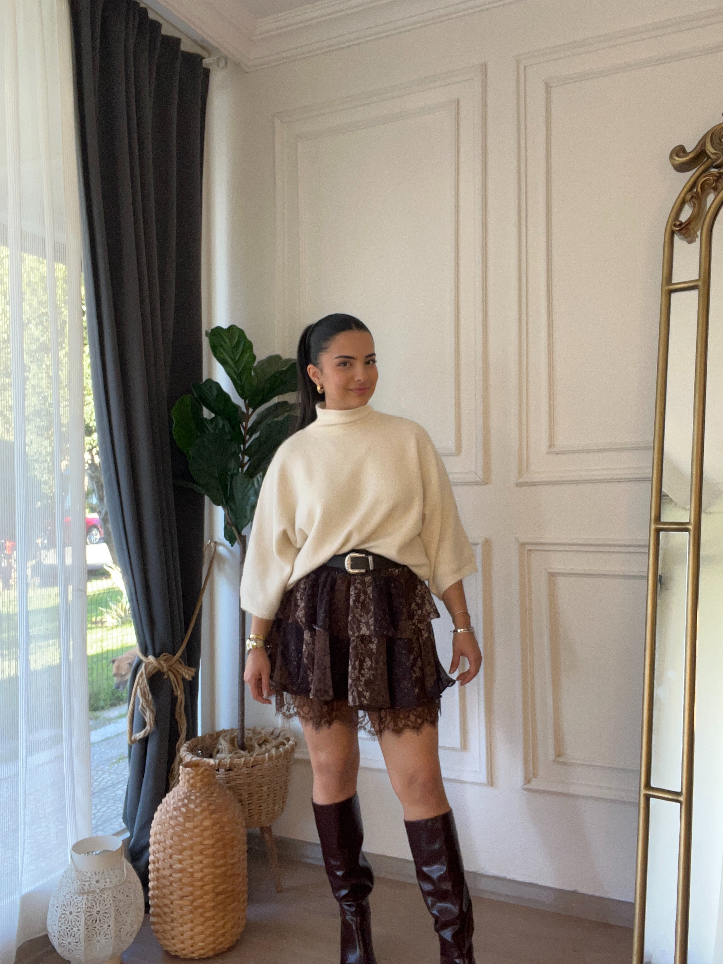 Kemerli Şİfon Bohem Mini Etek Kahverengi