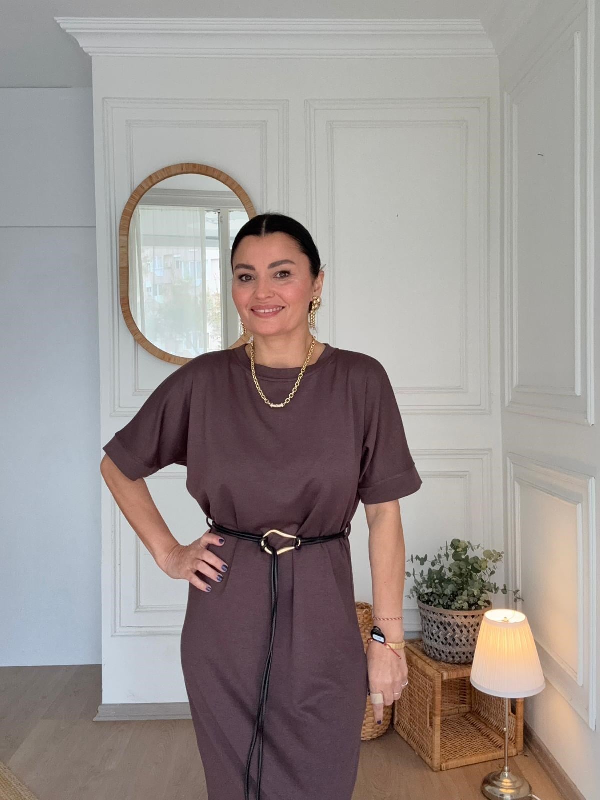 Kendinden Kemerli Modal Kumaş Elbise Kahverengi
