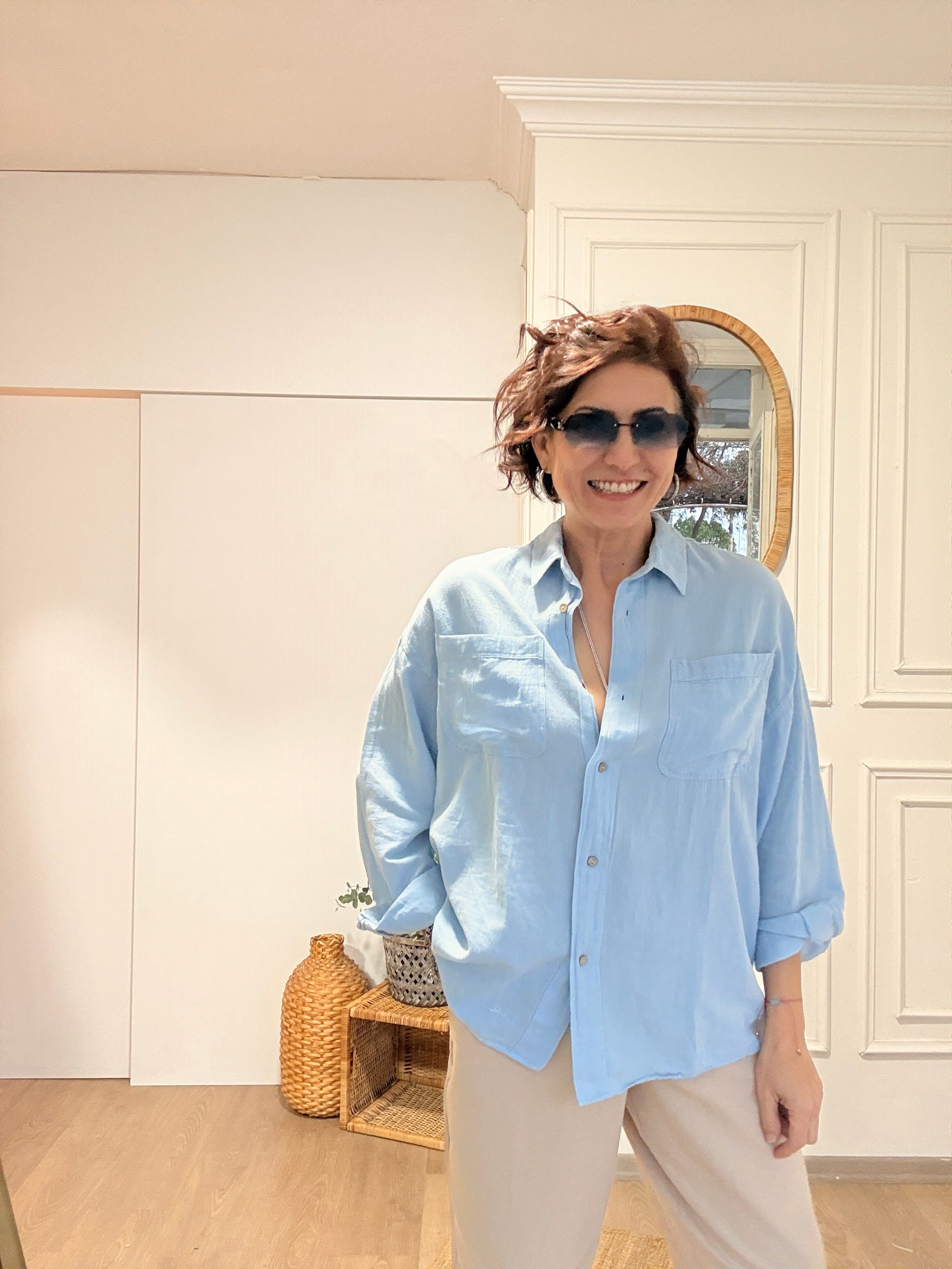 Keten Çift Cepli Gömlek Bebe Mavisi