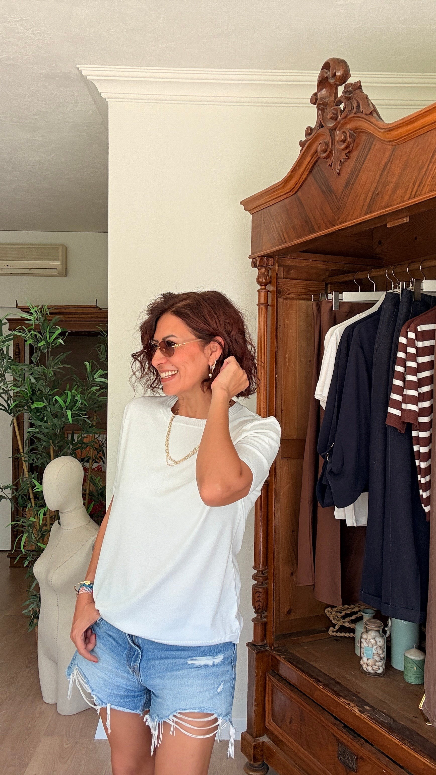 Kısa Kollu Sıfır Yaka Triko Beyaz