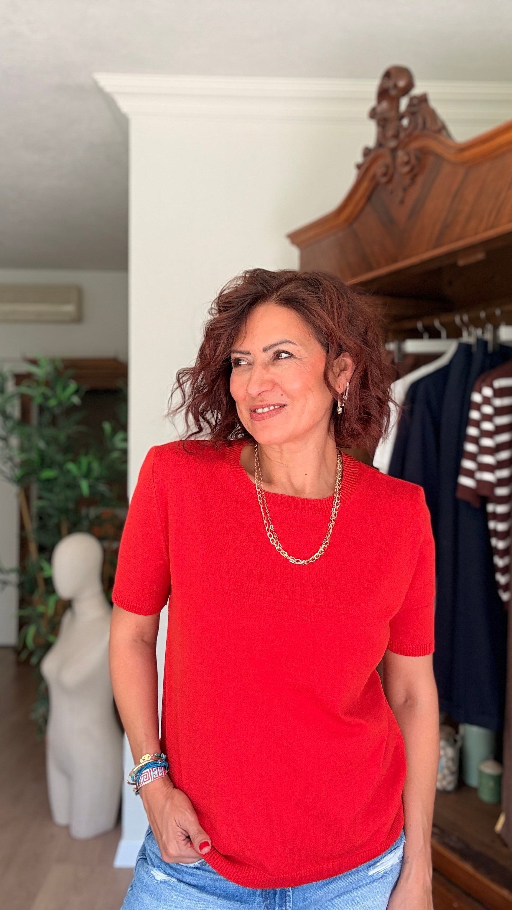 Kısa Kollu Sıfır Yaka Triko Kırmızı