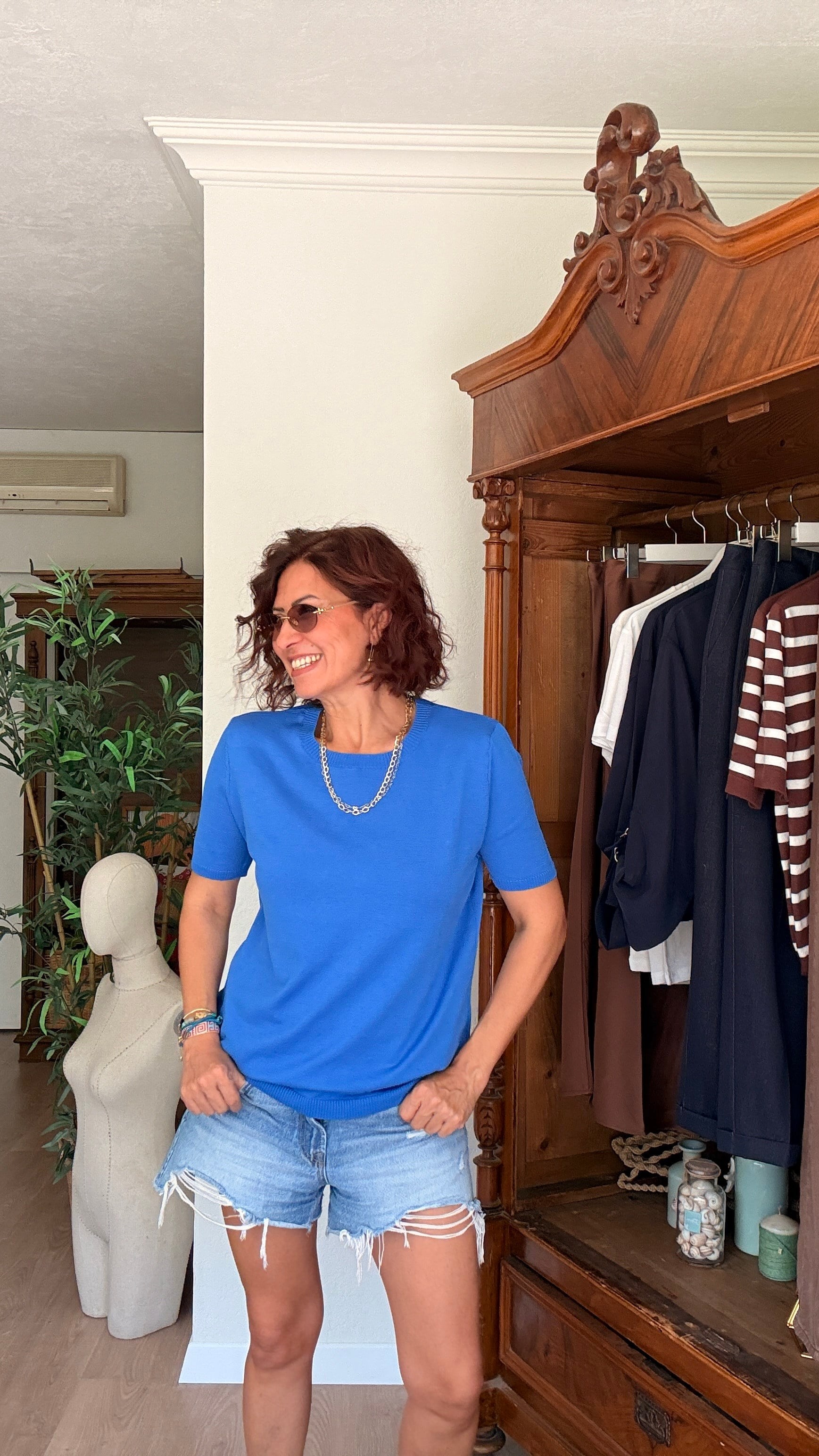 Kısa Kollu Sıfır Yaka Triko Mavi