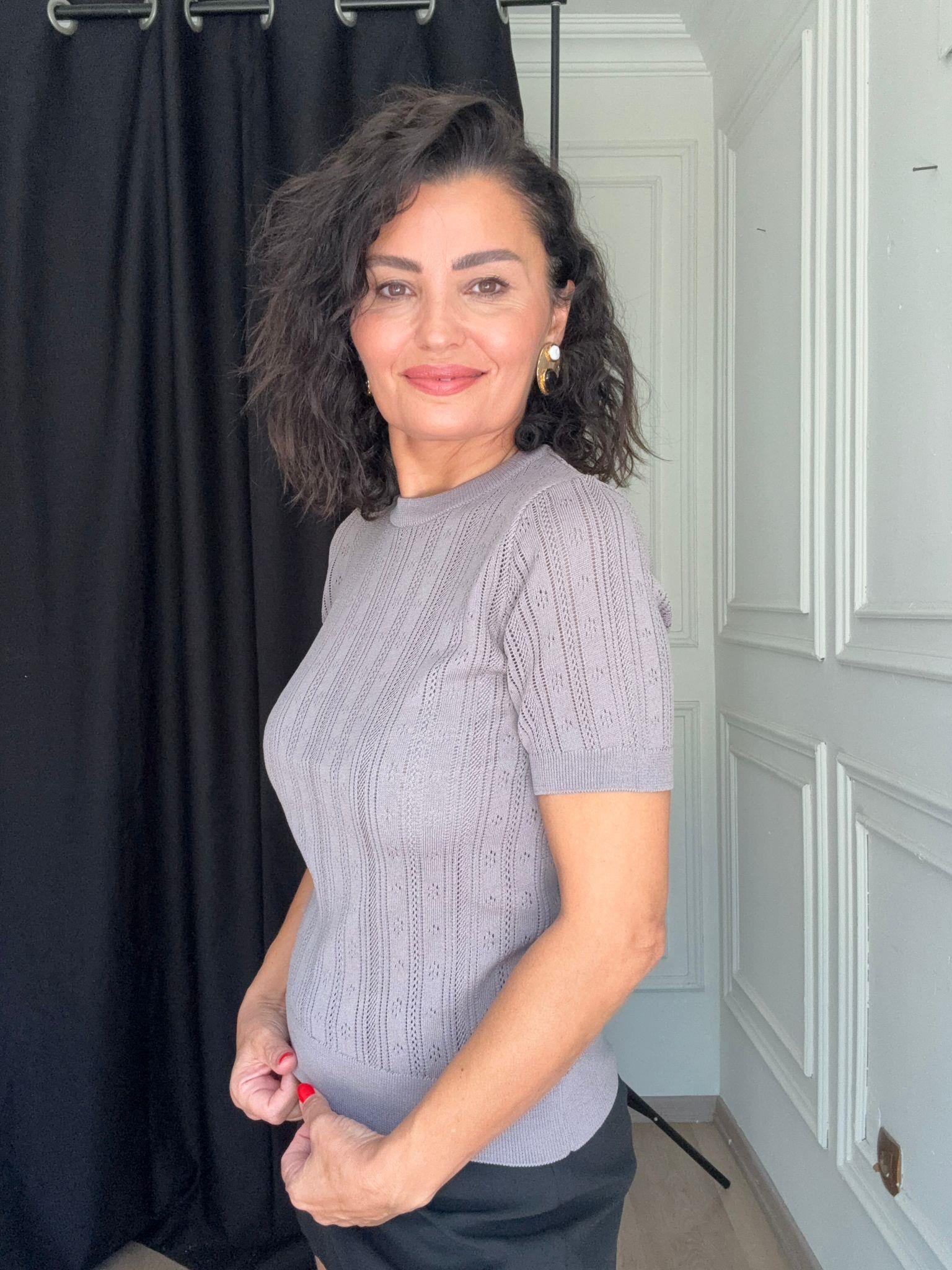 Kısa Kollu Triko Kazak Vizon