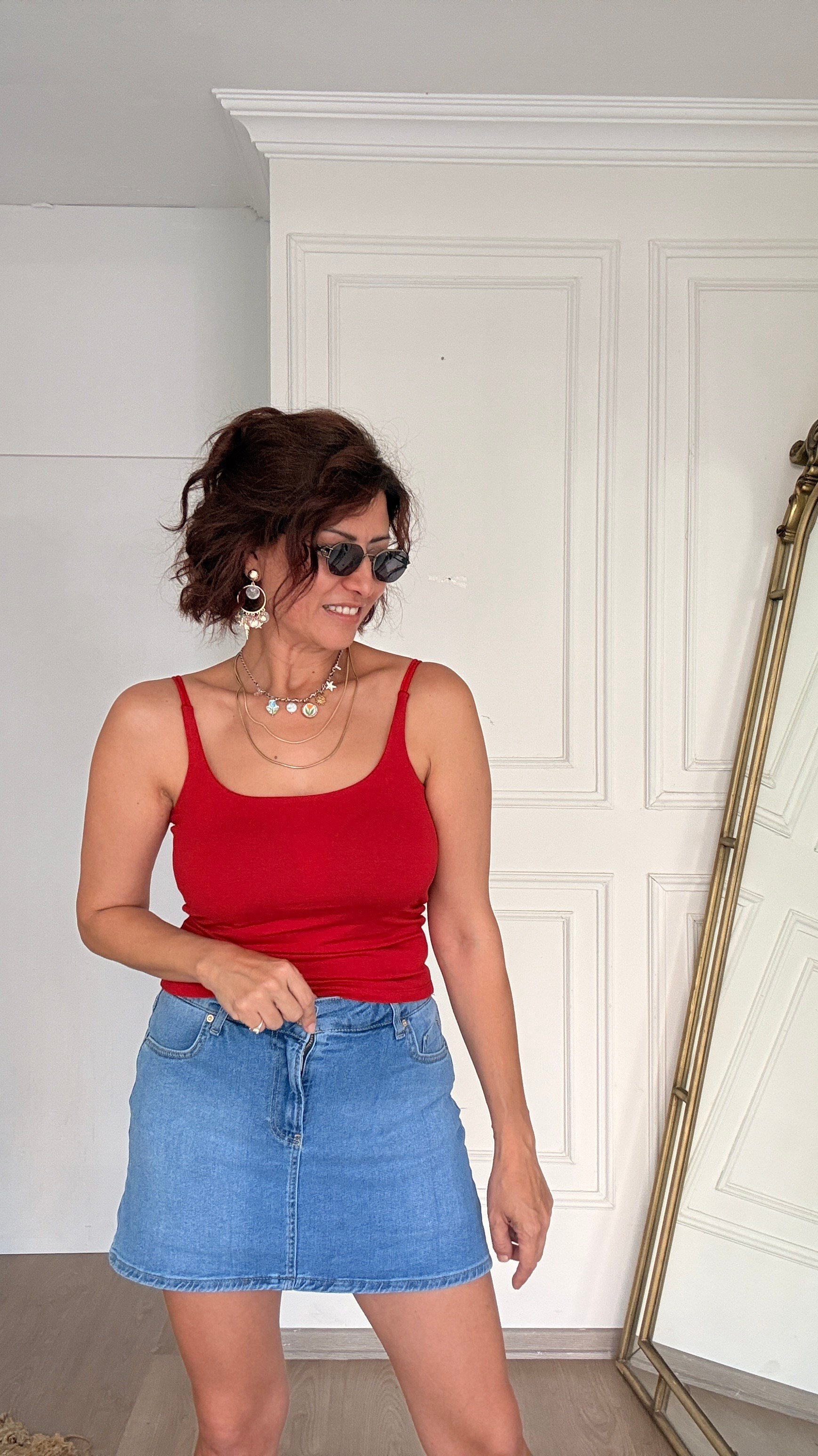 Likralı Jean Şortlu Etek Mavi