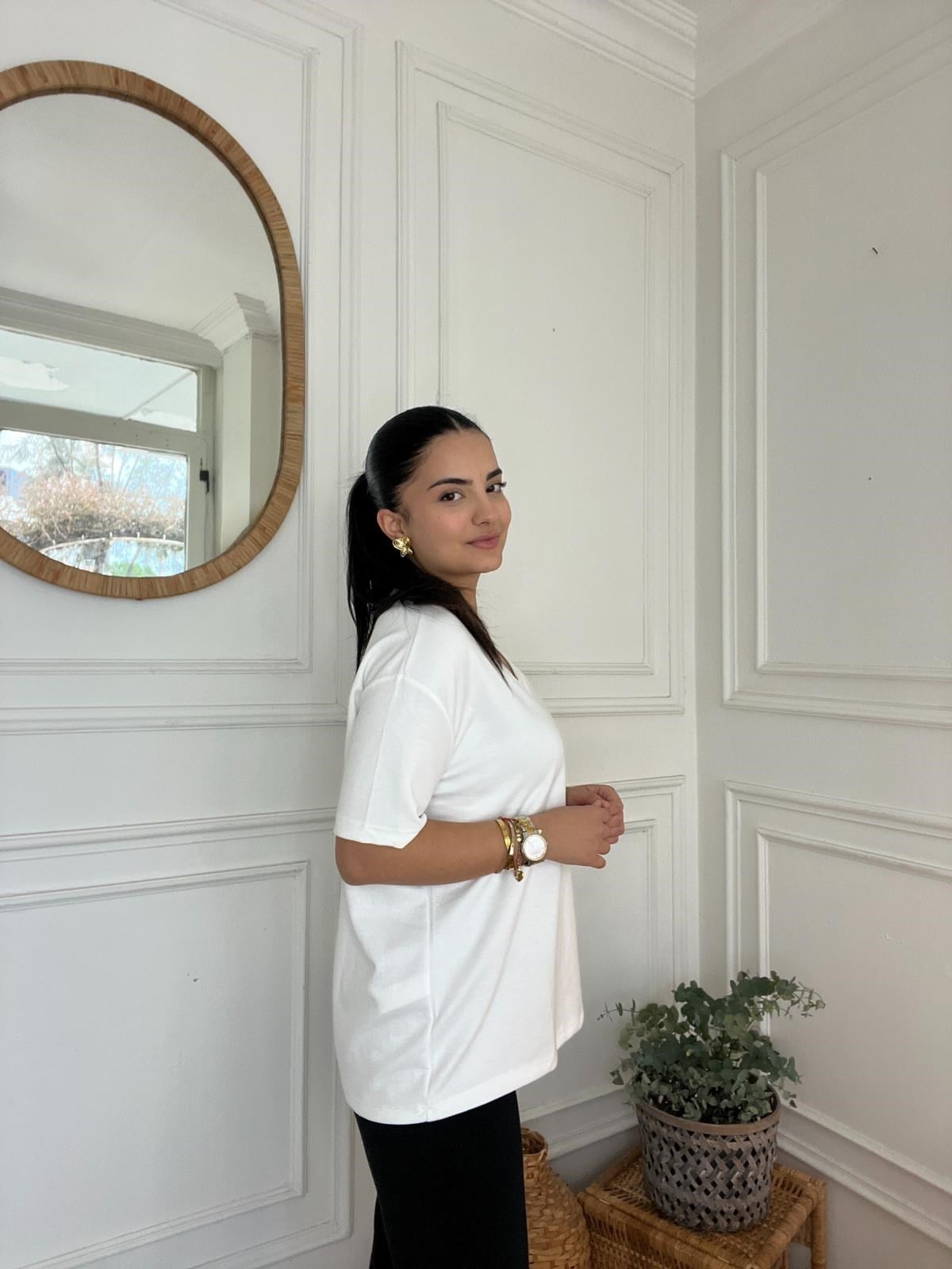 Modal Kumaş V Yaka Tshirt Beyaz