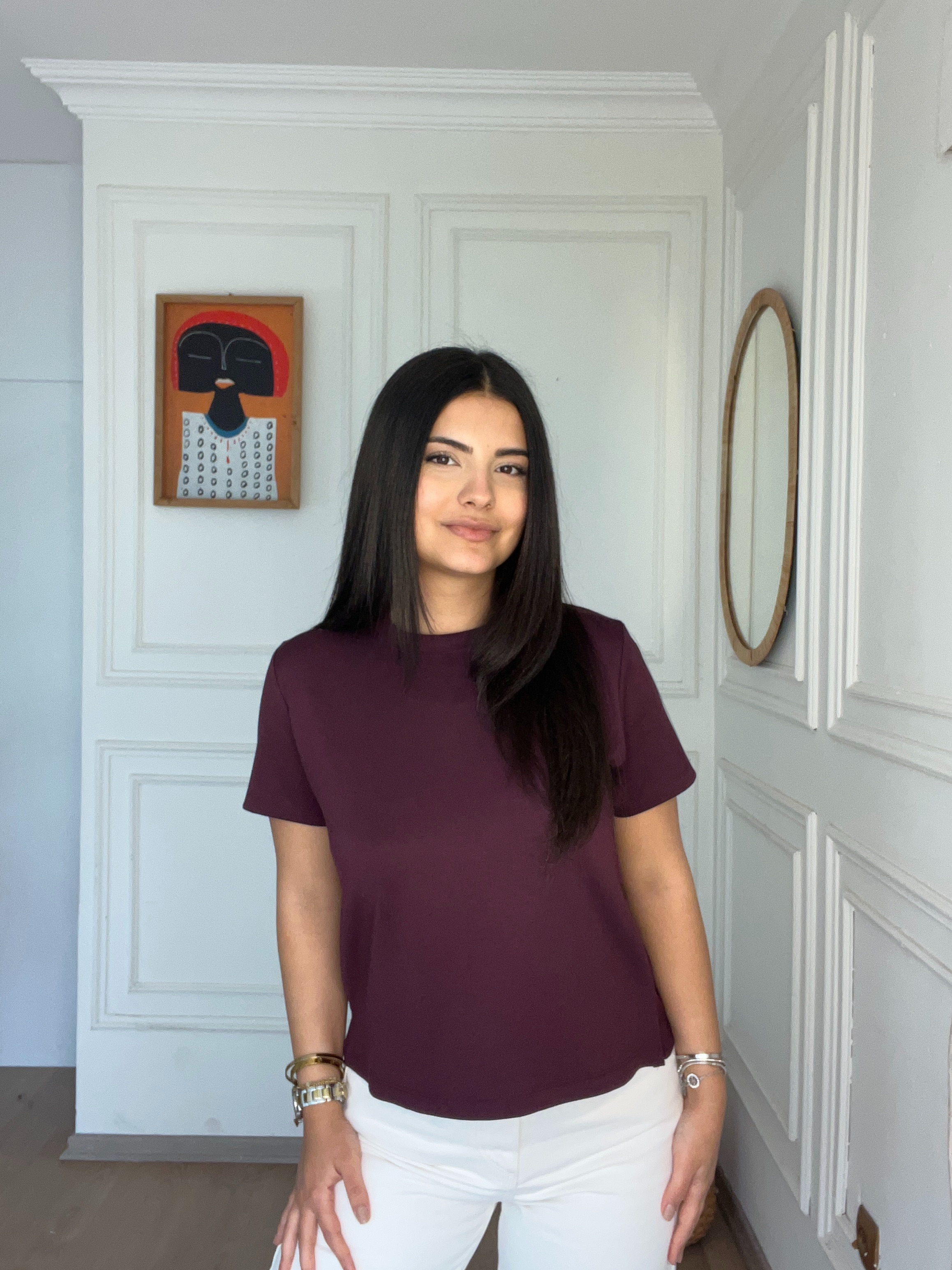 Modal Kumaş Yırtmaçlı Kısa Tshirt Bordo