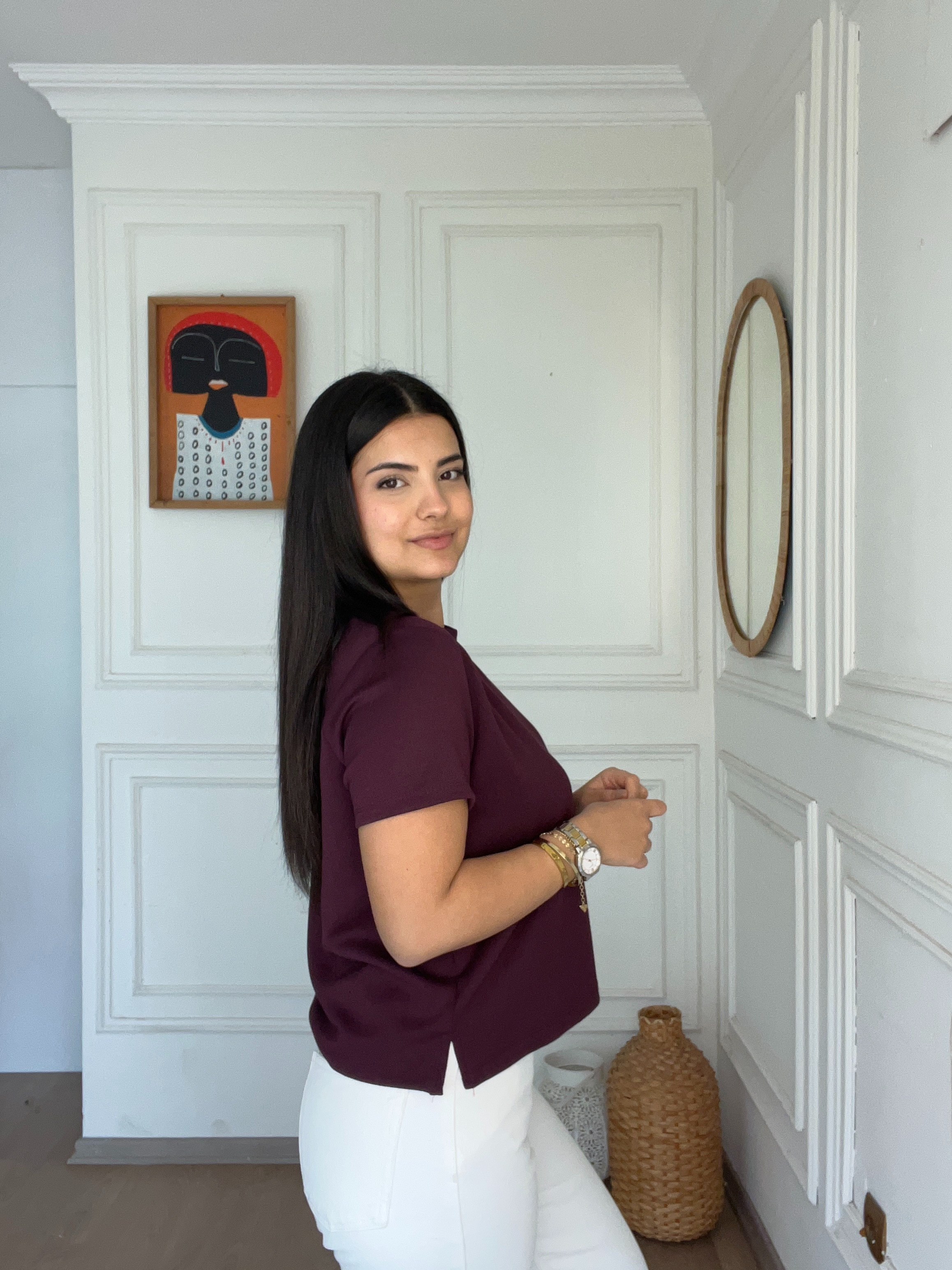 Modal Kumaş Yırtmaçlı Kısa Tshirt Bordo