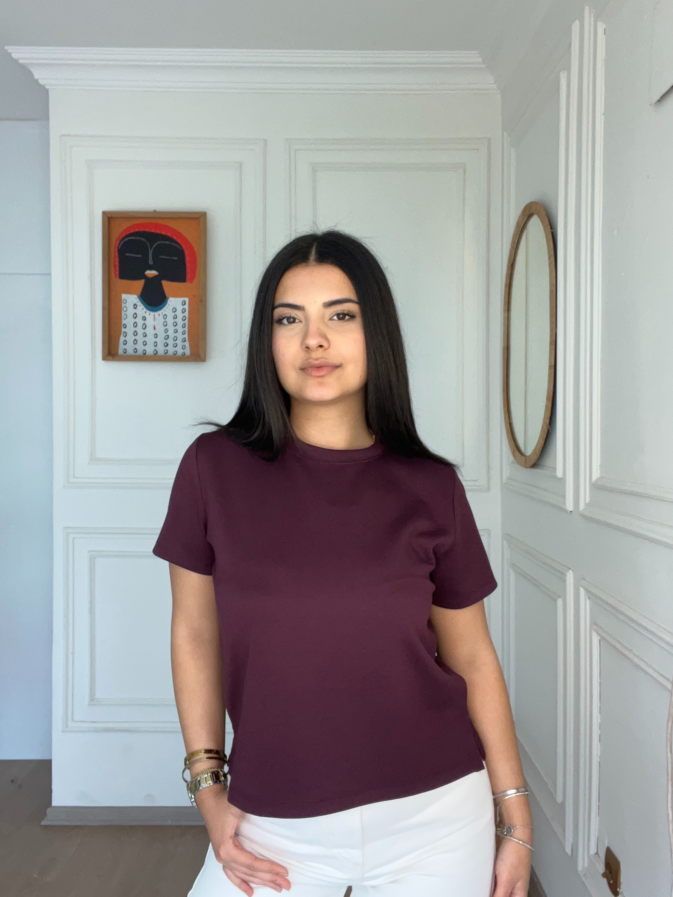 Modal Kumaş Yırtmaçlı Kısa Tshirt Bordo
