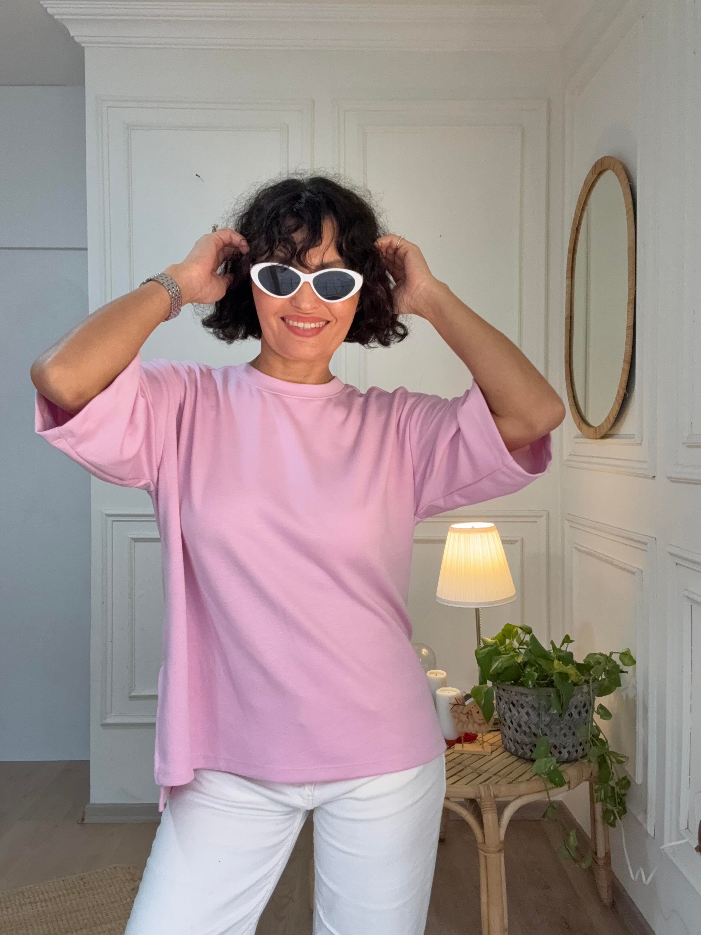 Modal Kumaş Yırtmaçlı Oversize Tişört Pembe