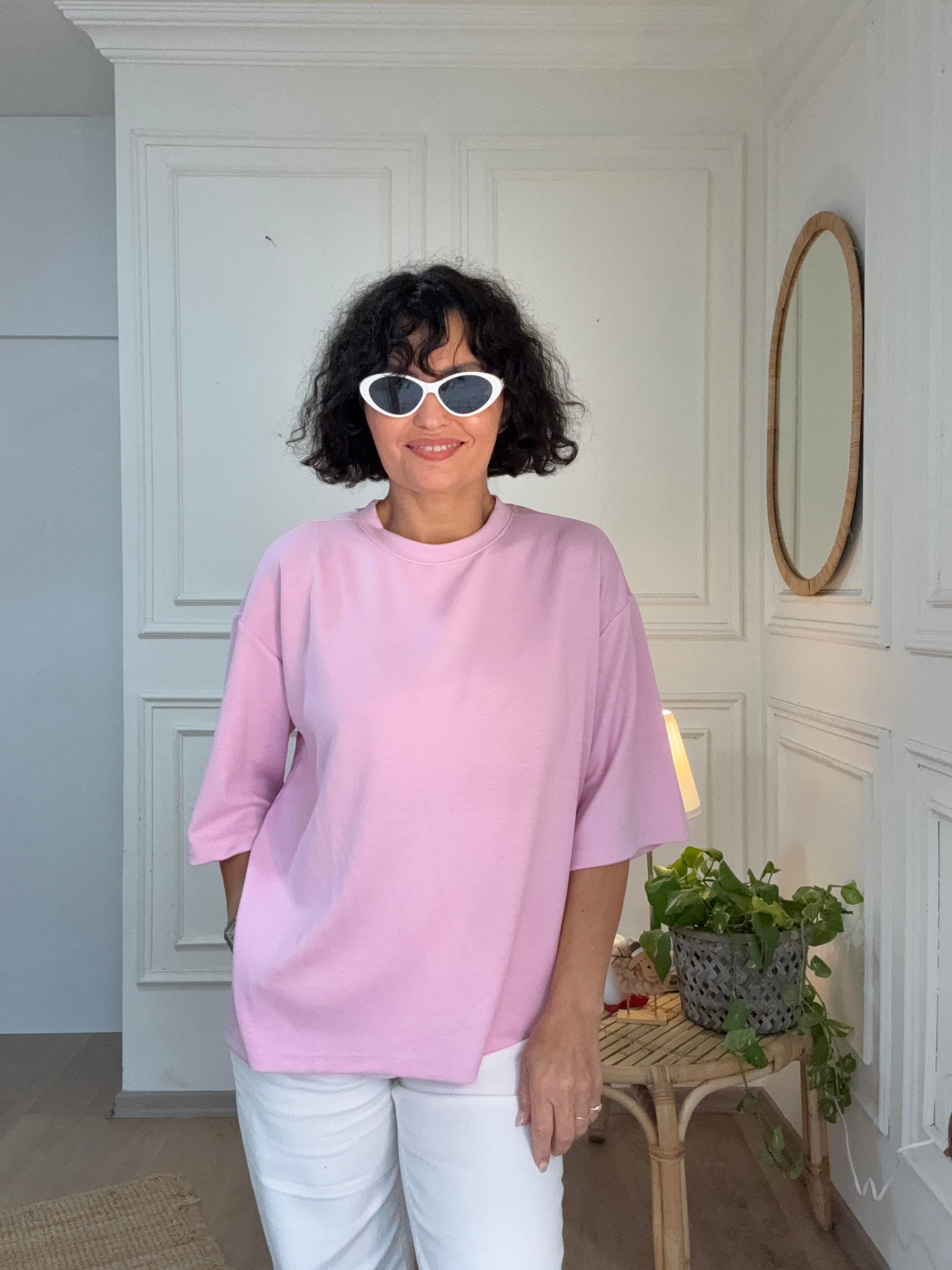 Modal Kumaş Yırtmaçlı Oversize Tişört Pembe