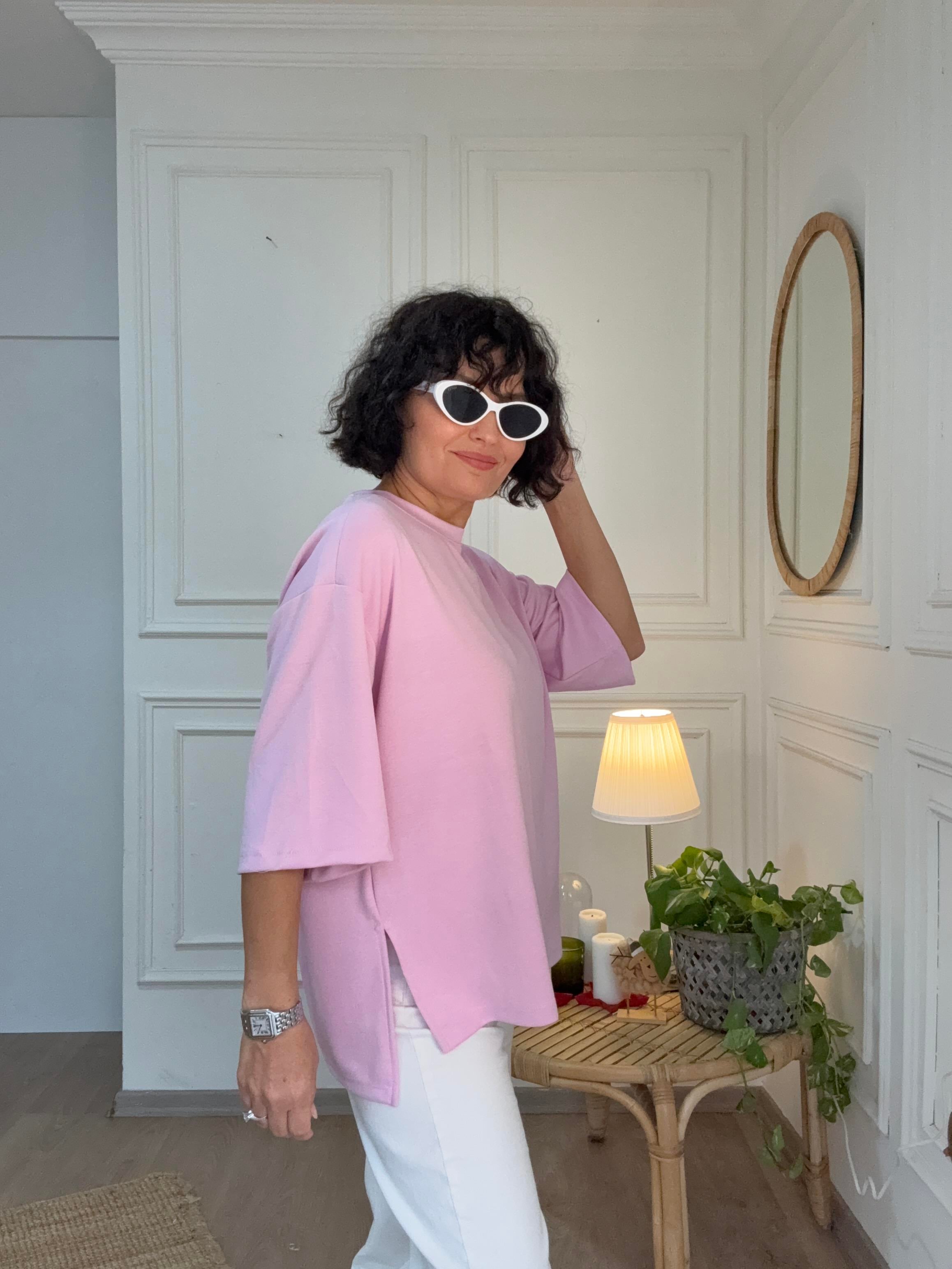 Modal Kumaş Yırtmaçlı Oversize Tişört Pembe