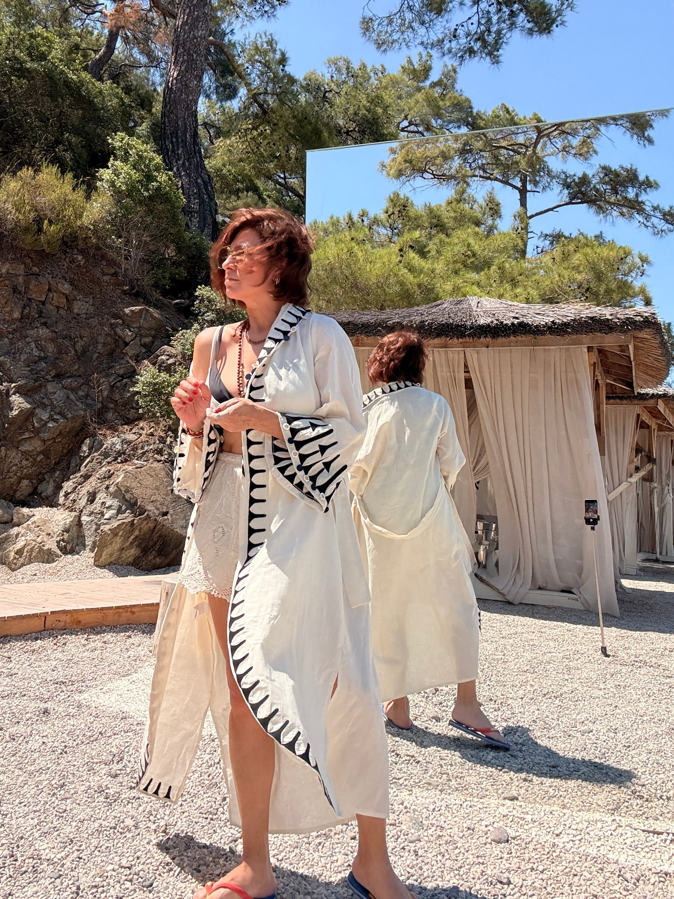 Nakışlı Naturel Kumaş Bohem Kimono