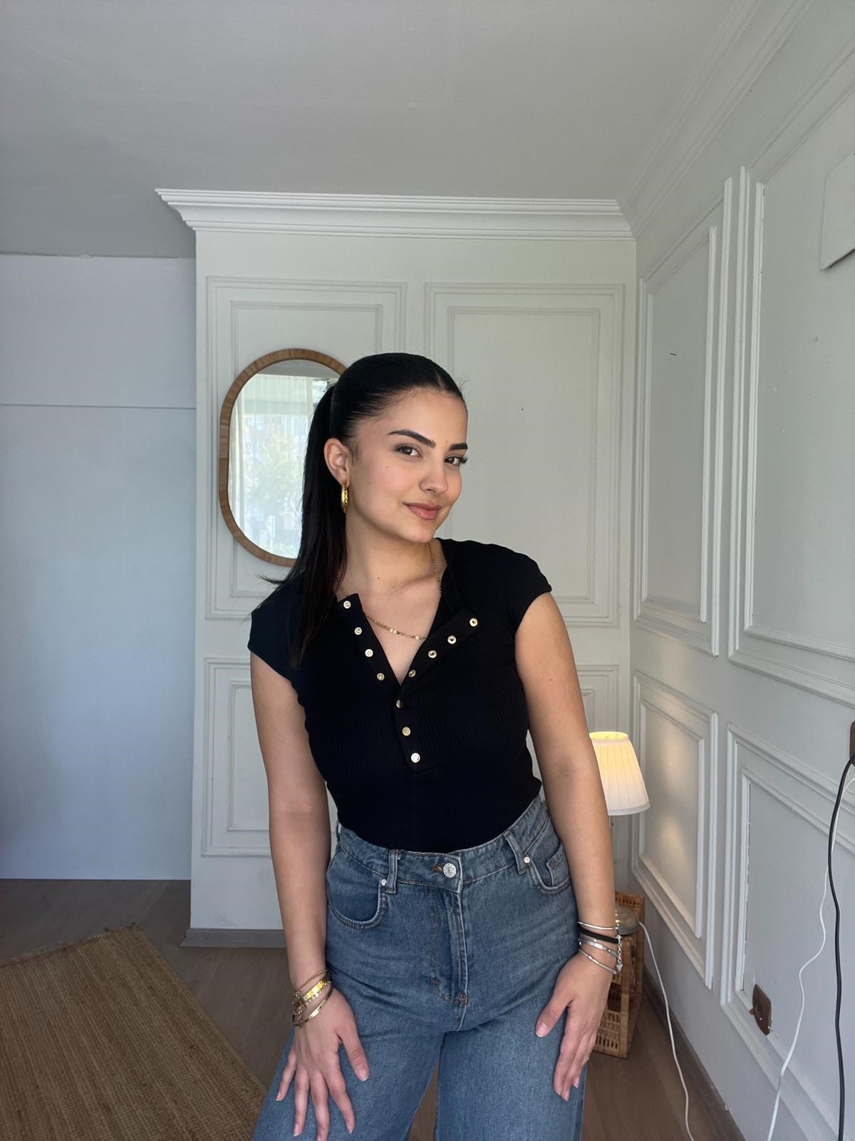 Önü Düğmeli Fitilli Body Siyah