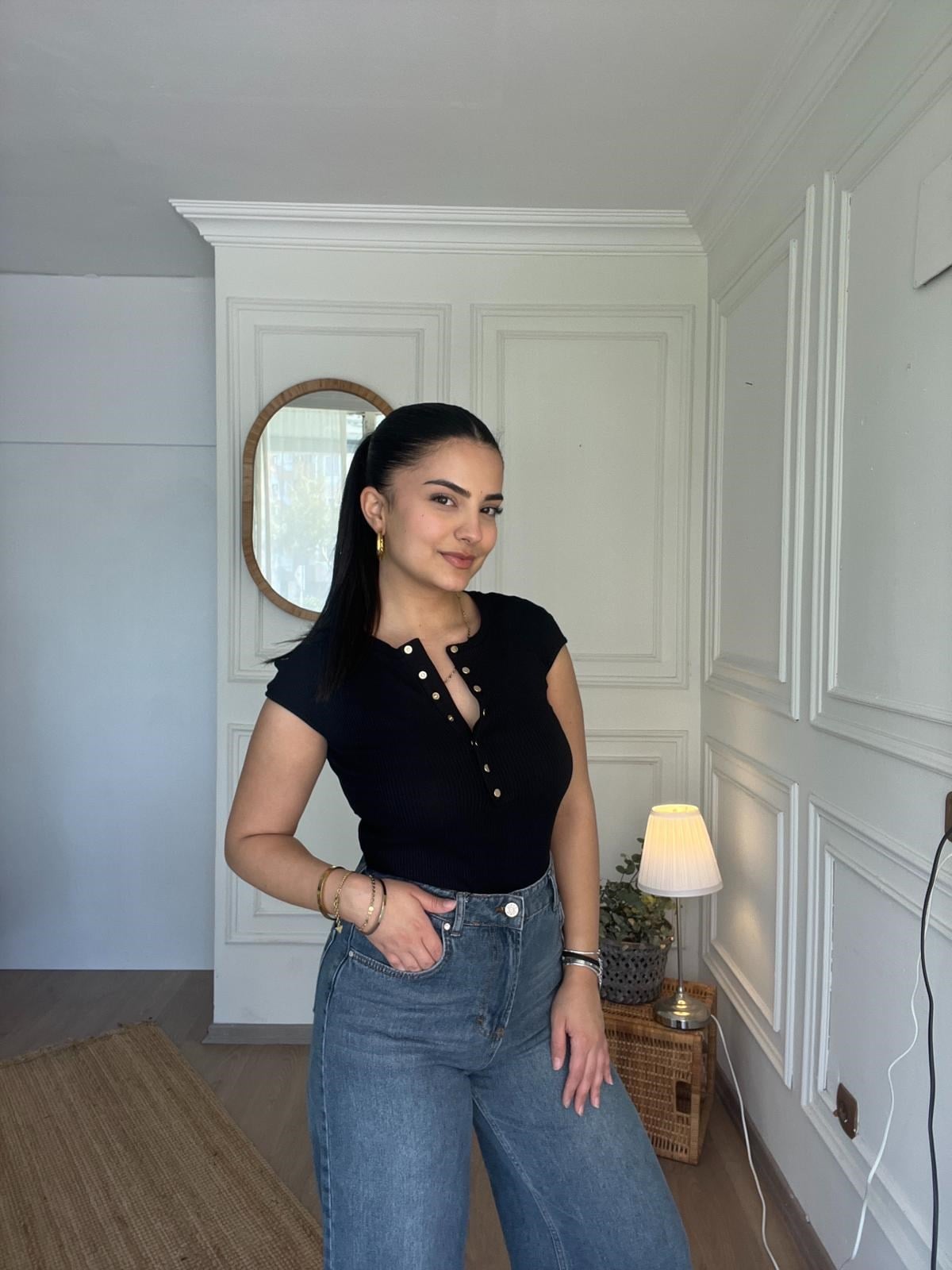 Önü Düğmeli Fitilli Body Siyah
