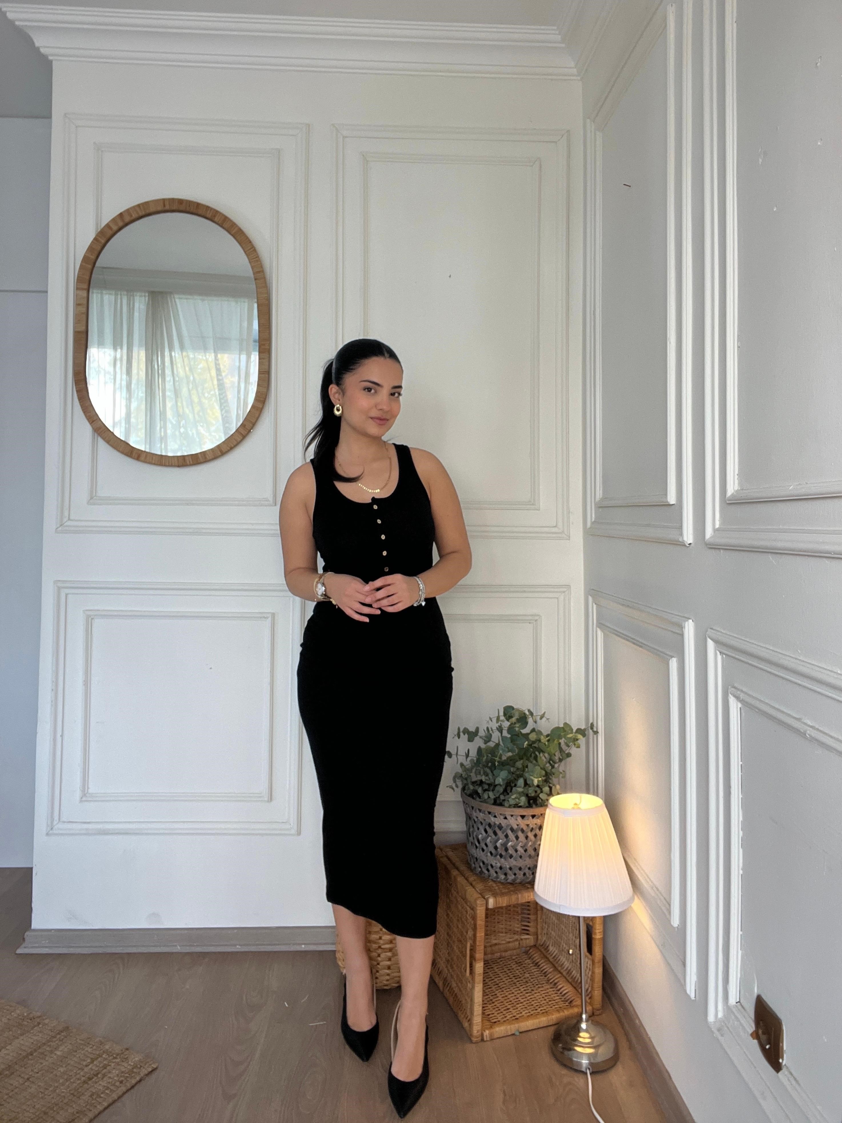 Önü Düğmeli Fitilli Kalem Elbise Siyah