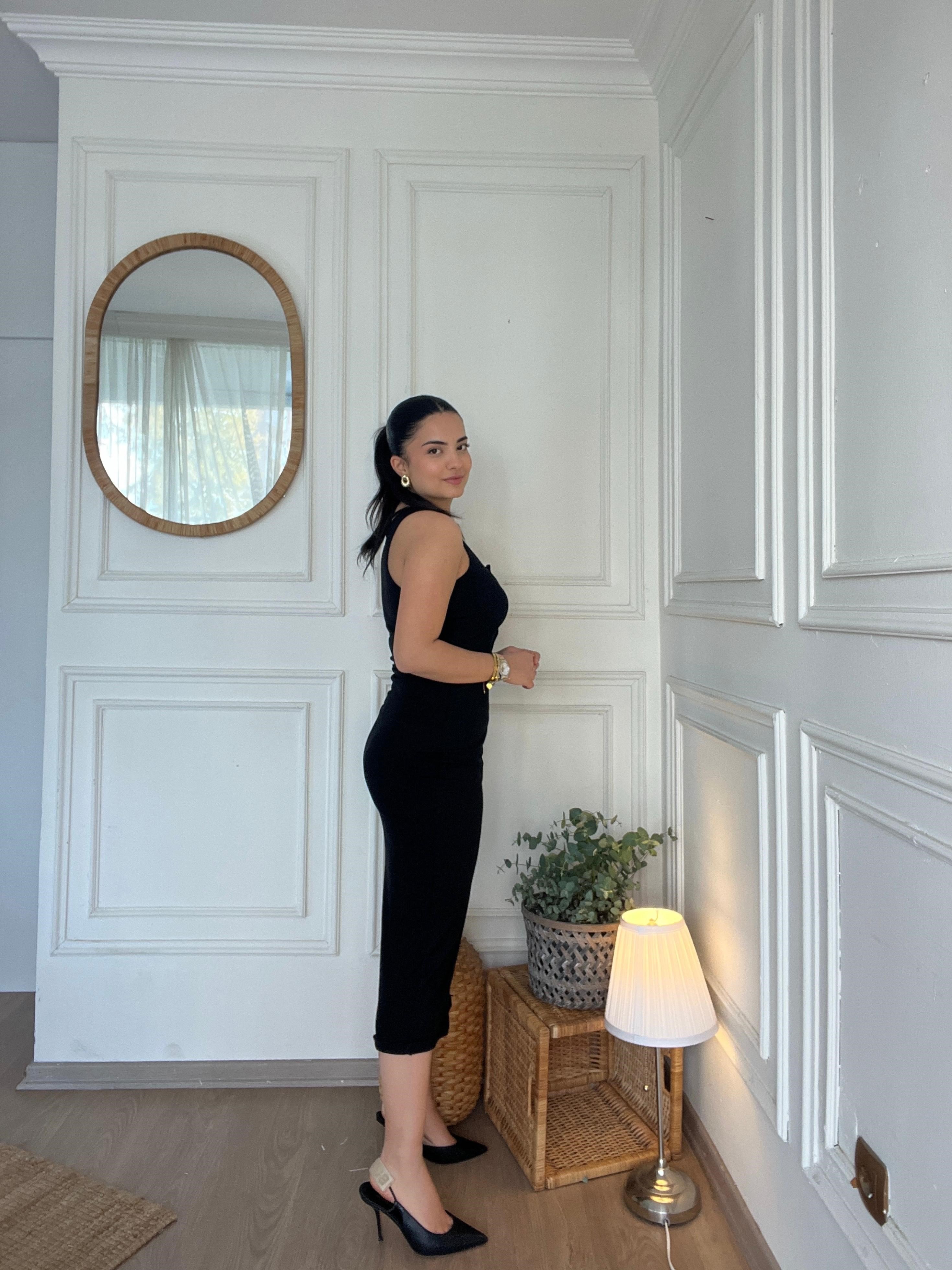 Önü Düğmeli Fitilli Kalem Elbise Siyah