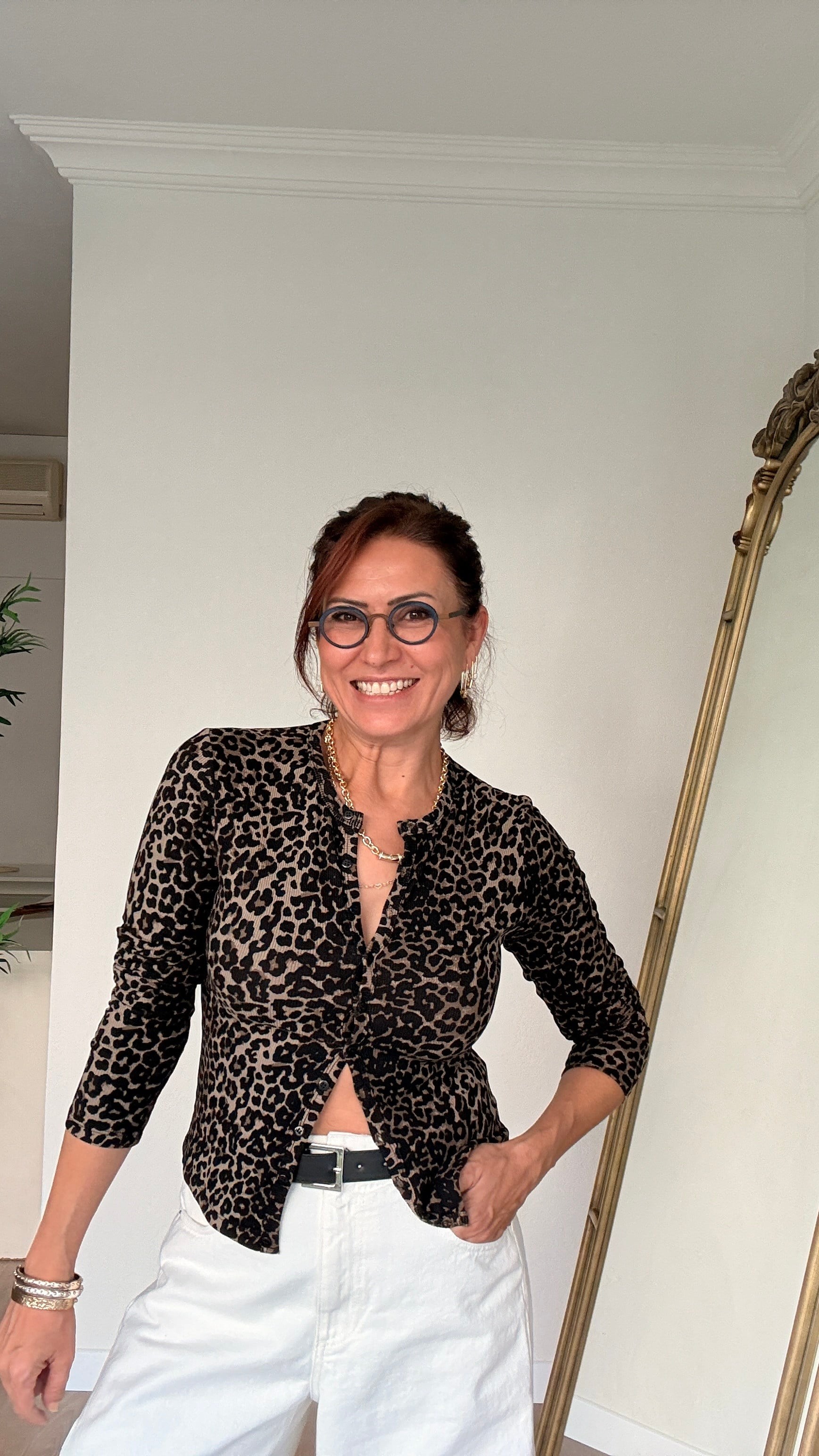 Önü Düğmeli Likralı Bluz Leopar