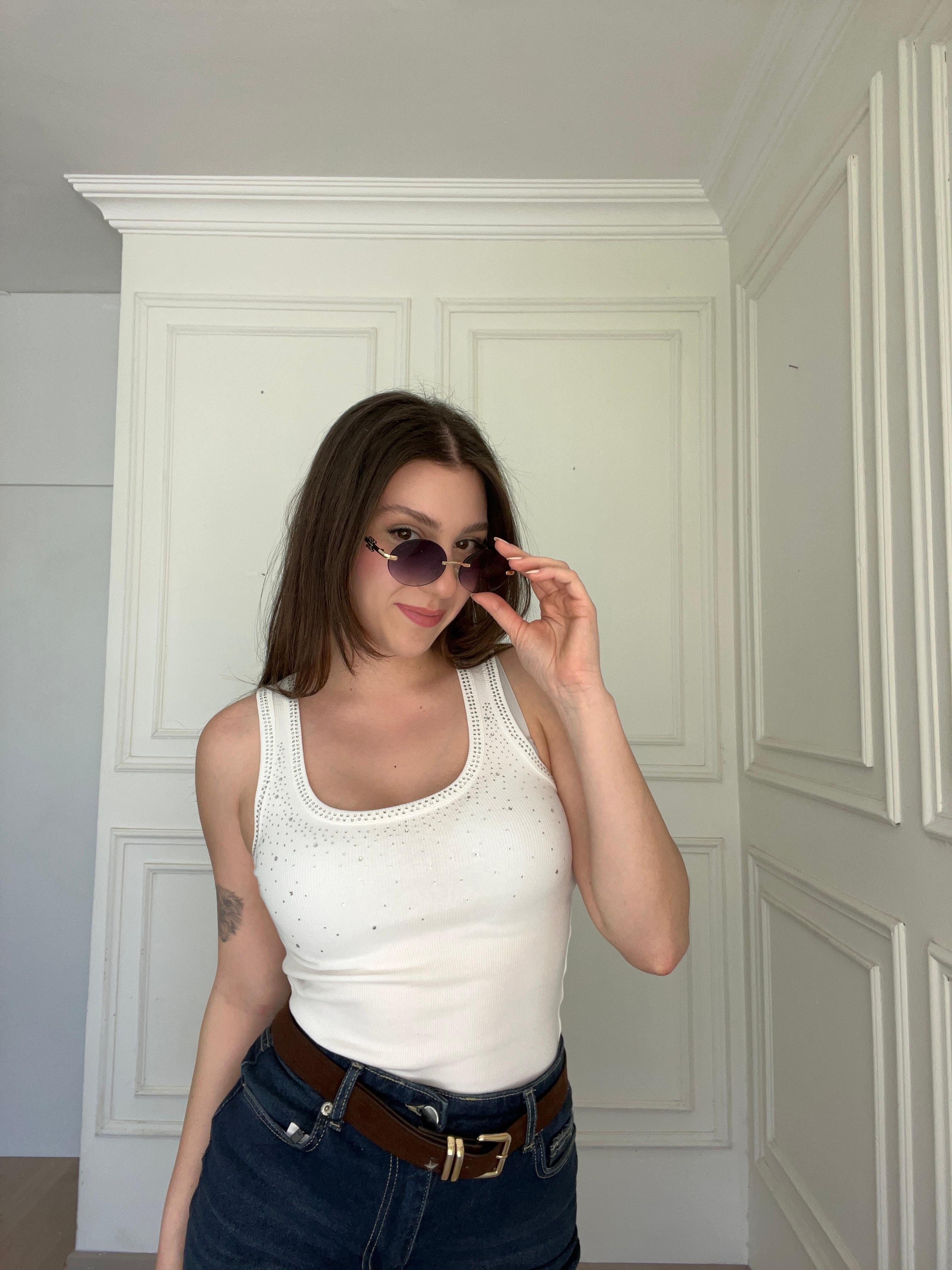 Önü Taş Detaylı Atlet Beyaz