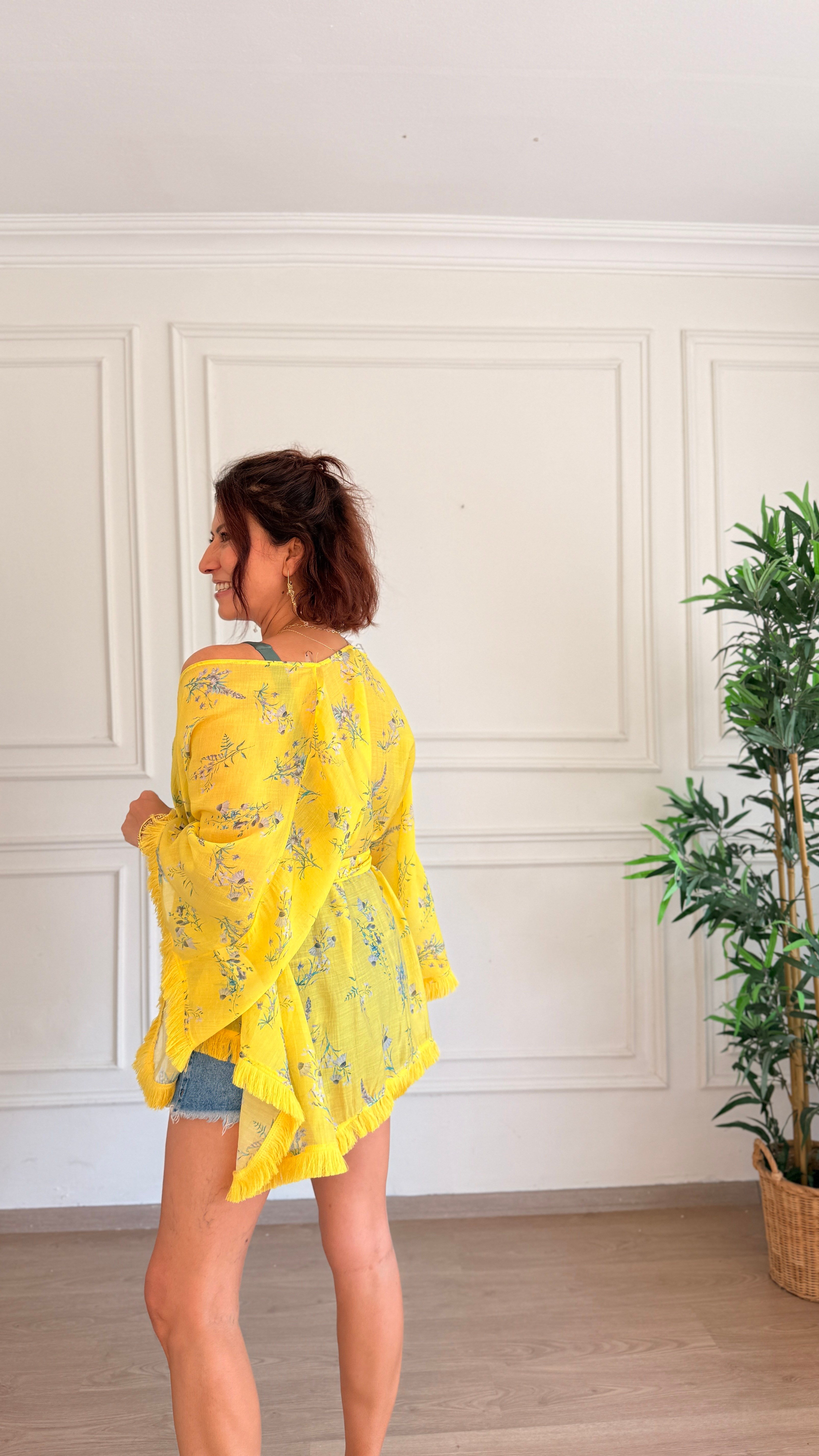 Organzse Kısa Kimono Sarı