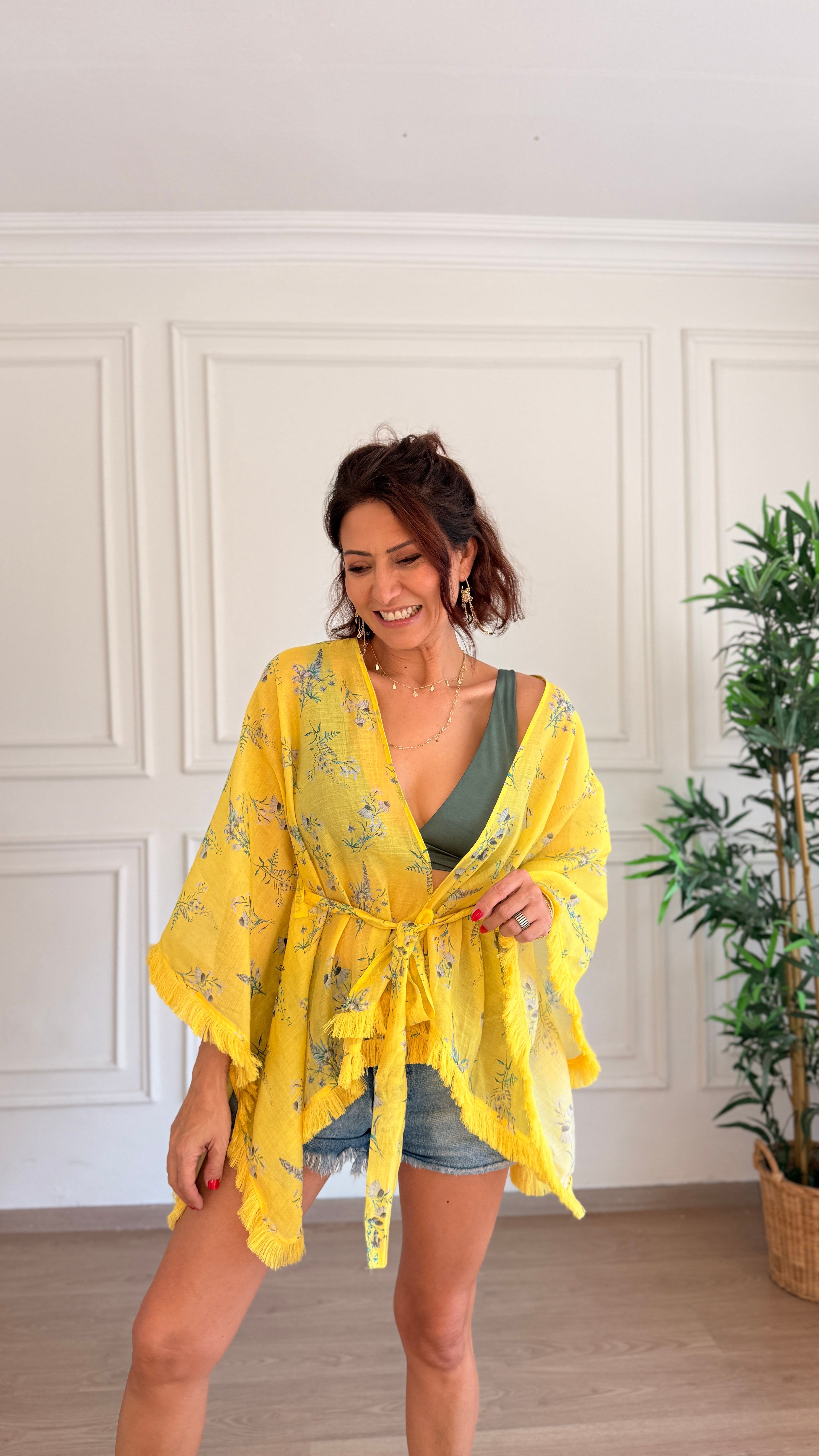 Organzse Kısa Kimono Sarı