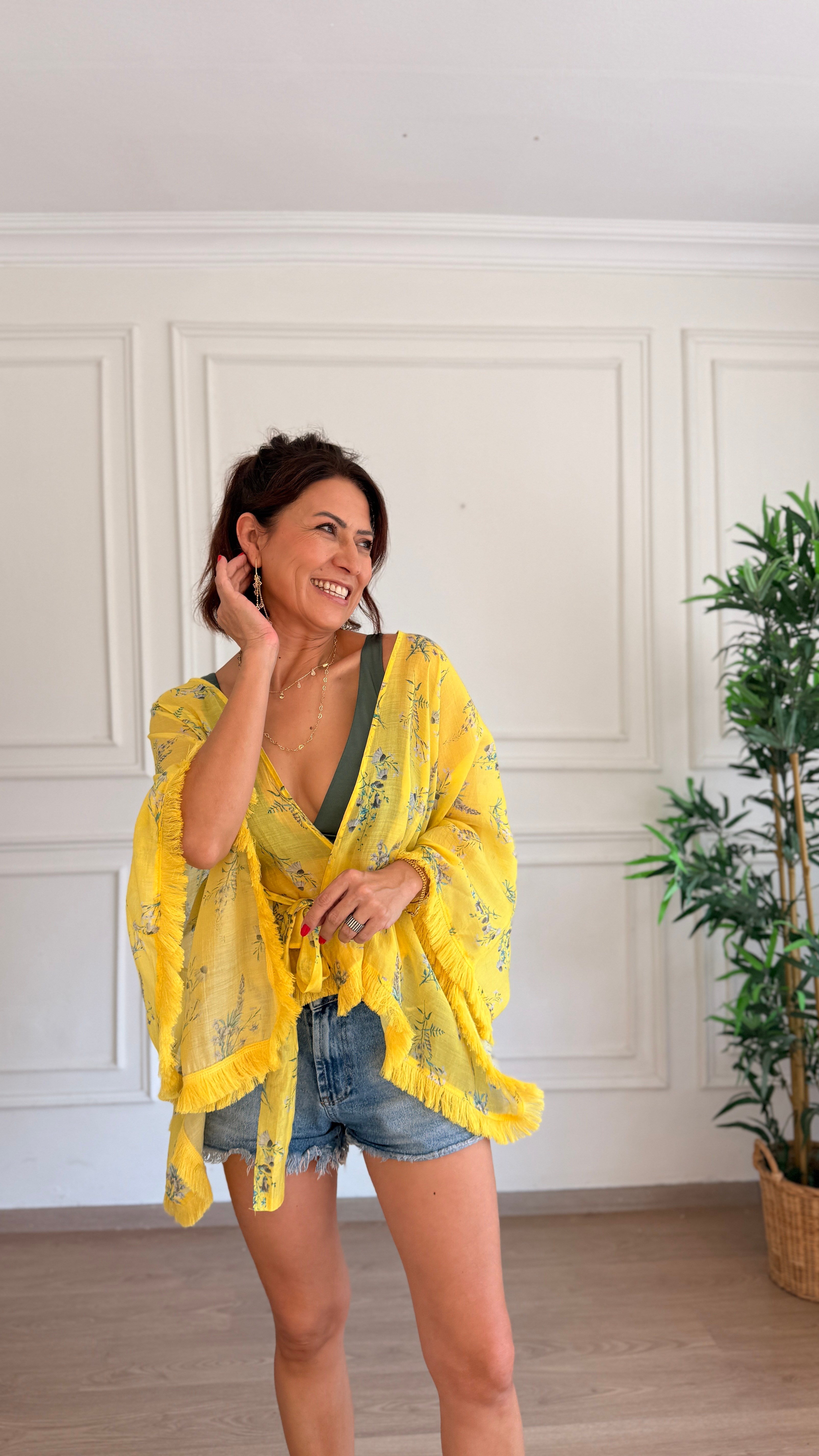 Organzse Kısa Kimono Sarı