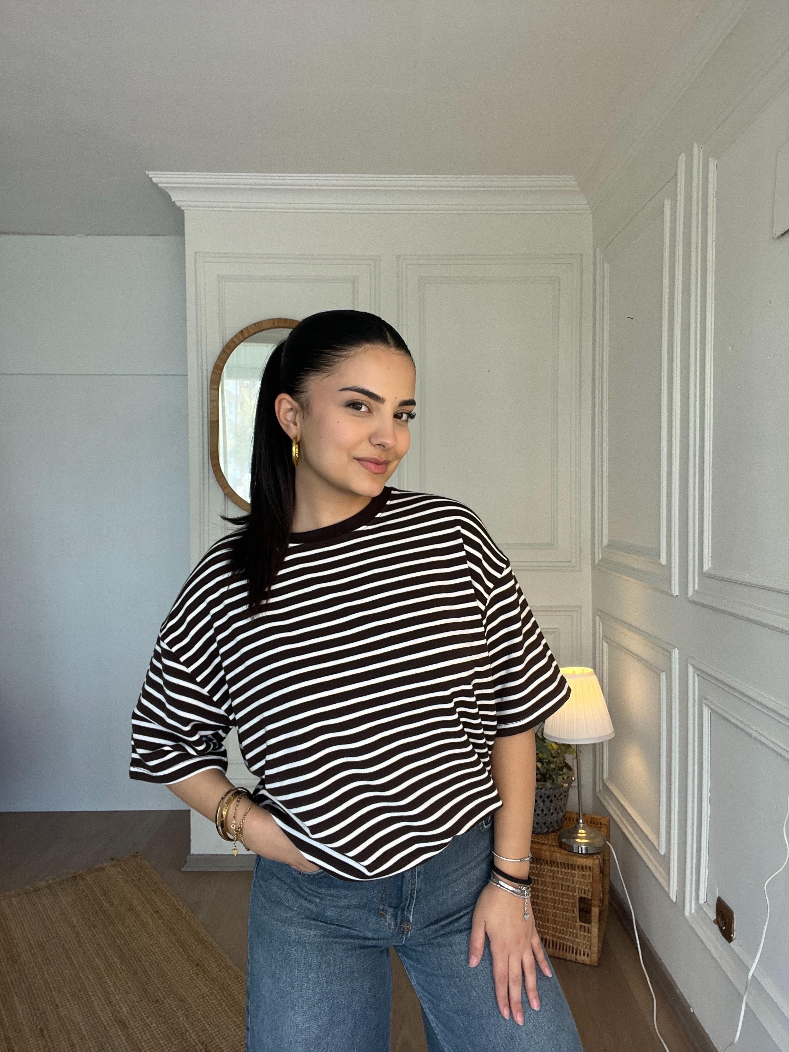 Oversize Basic Çizgili Tshirt Kahverengi