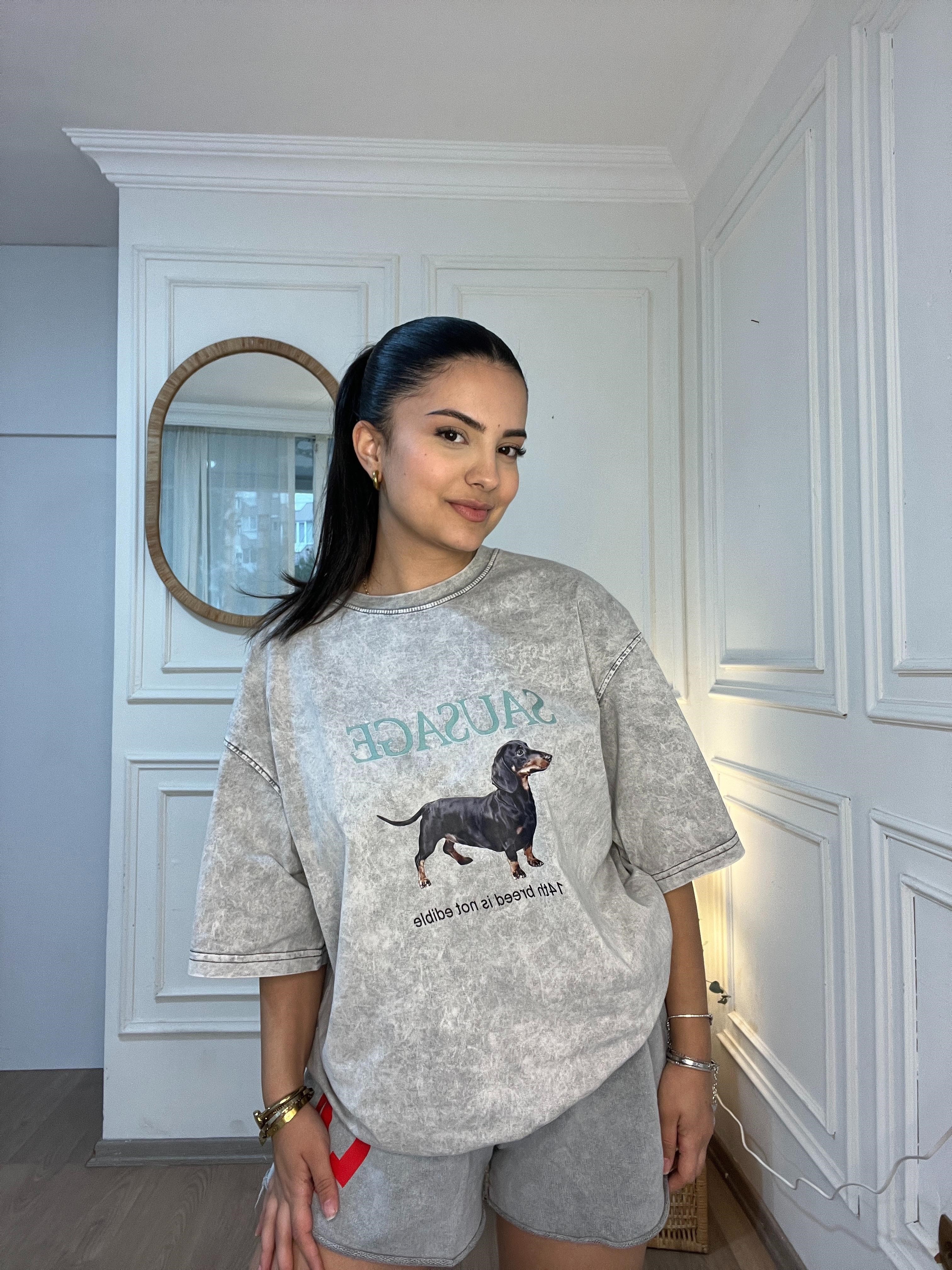 Oversize Baskılı Tshirt Gri