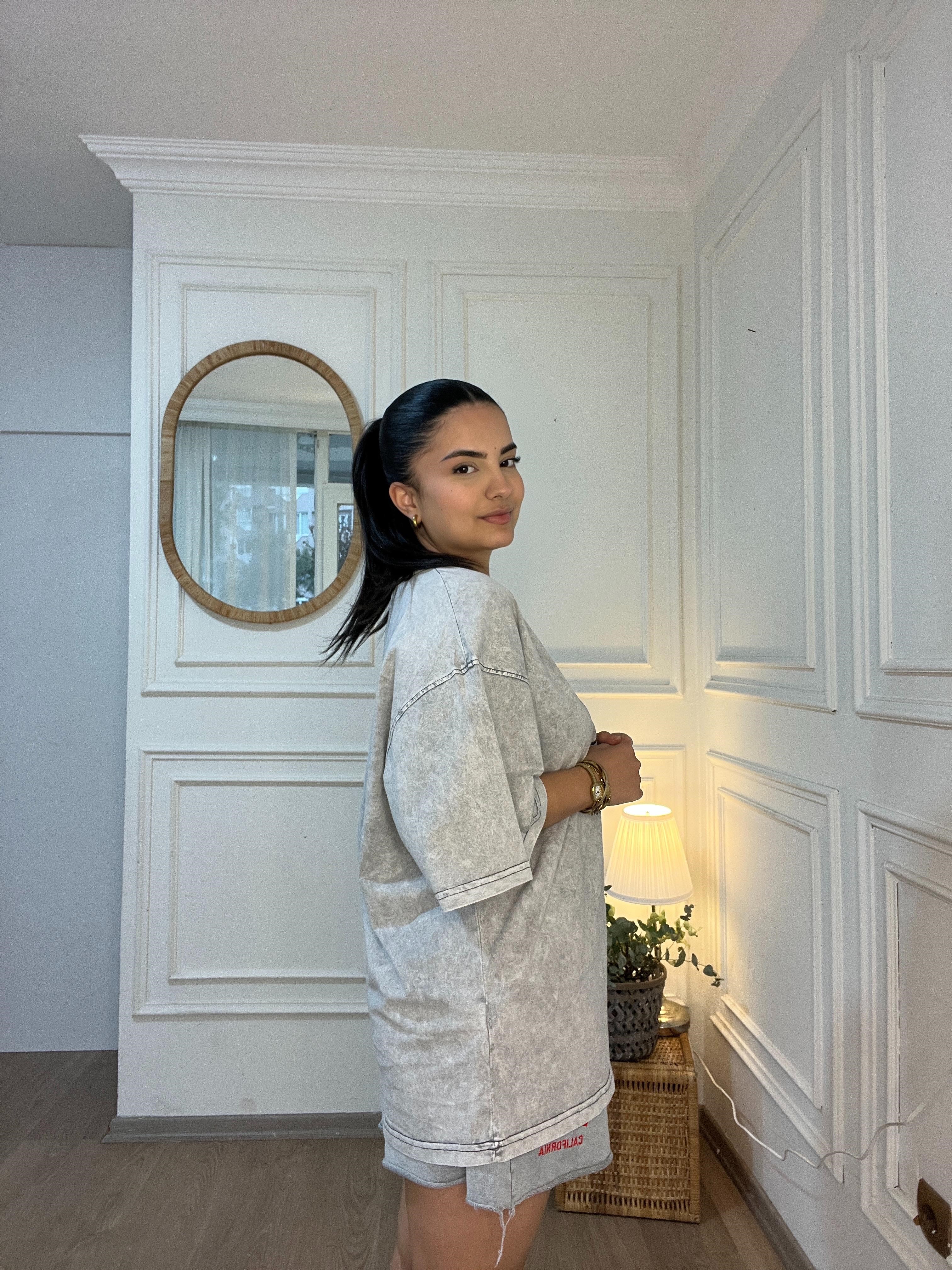 Oversize Baskılı Tshirt Gri