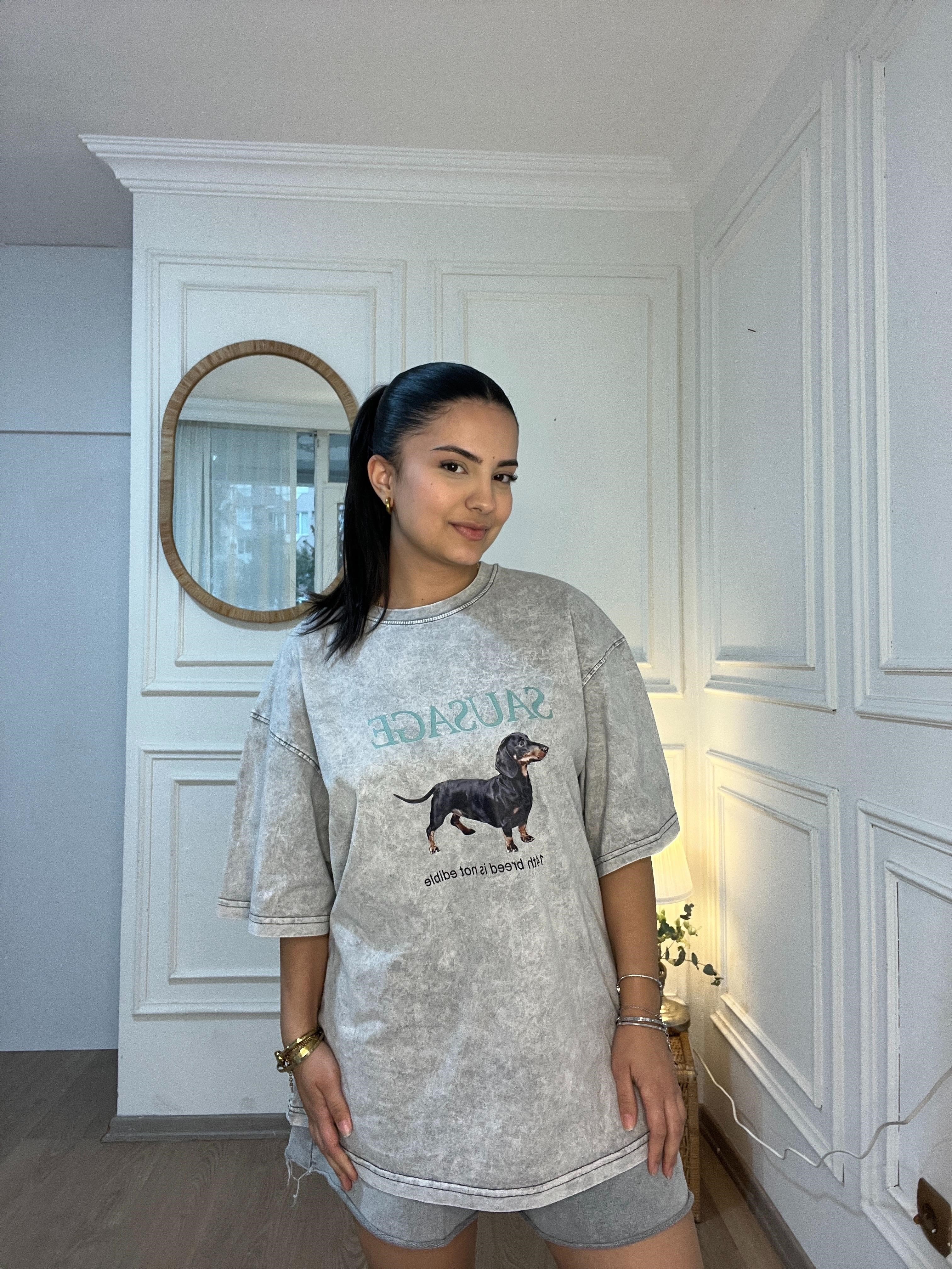 Oversize Baskılı Tshirt Gri