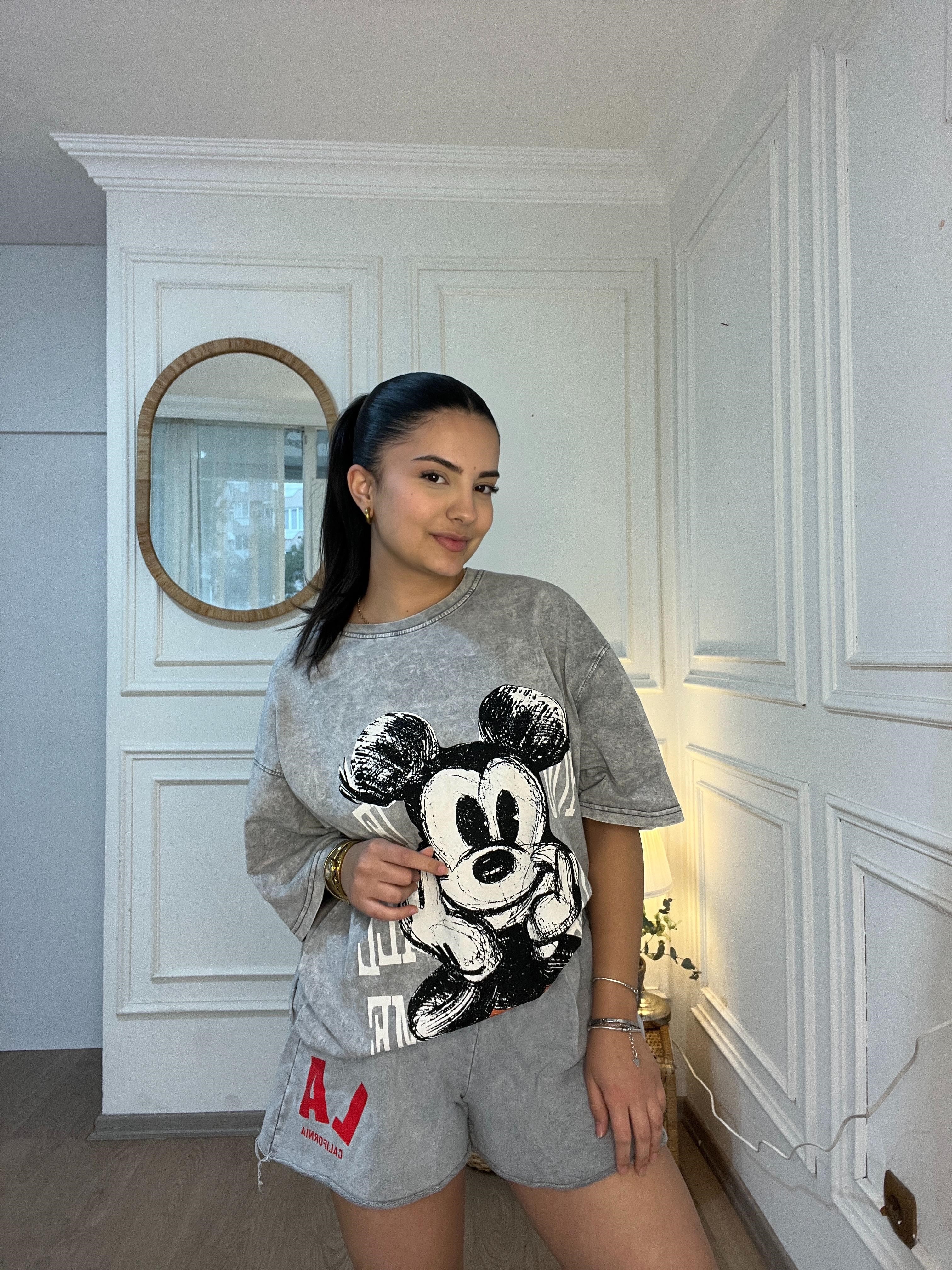 Oversize Mickey Baskılı Tshirt Gri